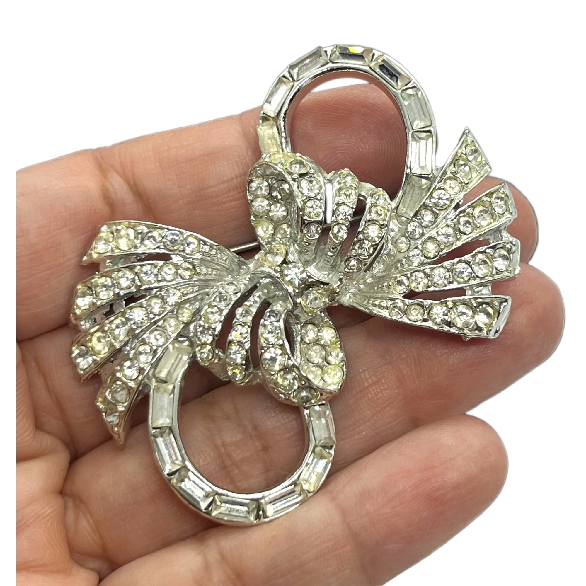 Vintage Rhinestone Bow Brooch Pin 50s 60s Midcentury Rhodium Plate Clear Baguette Sparkly - Image 2