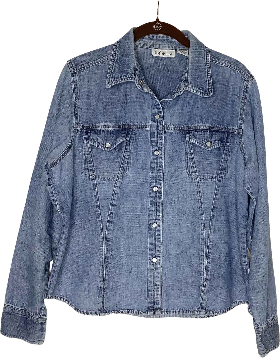 Vintage Riveted Shirt 90s Large Long Sleeve Denim Snap Faded Look Distressed by Lee