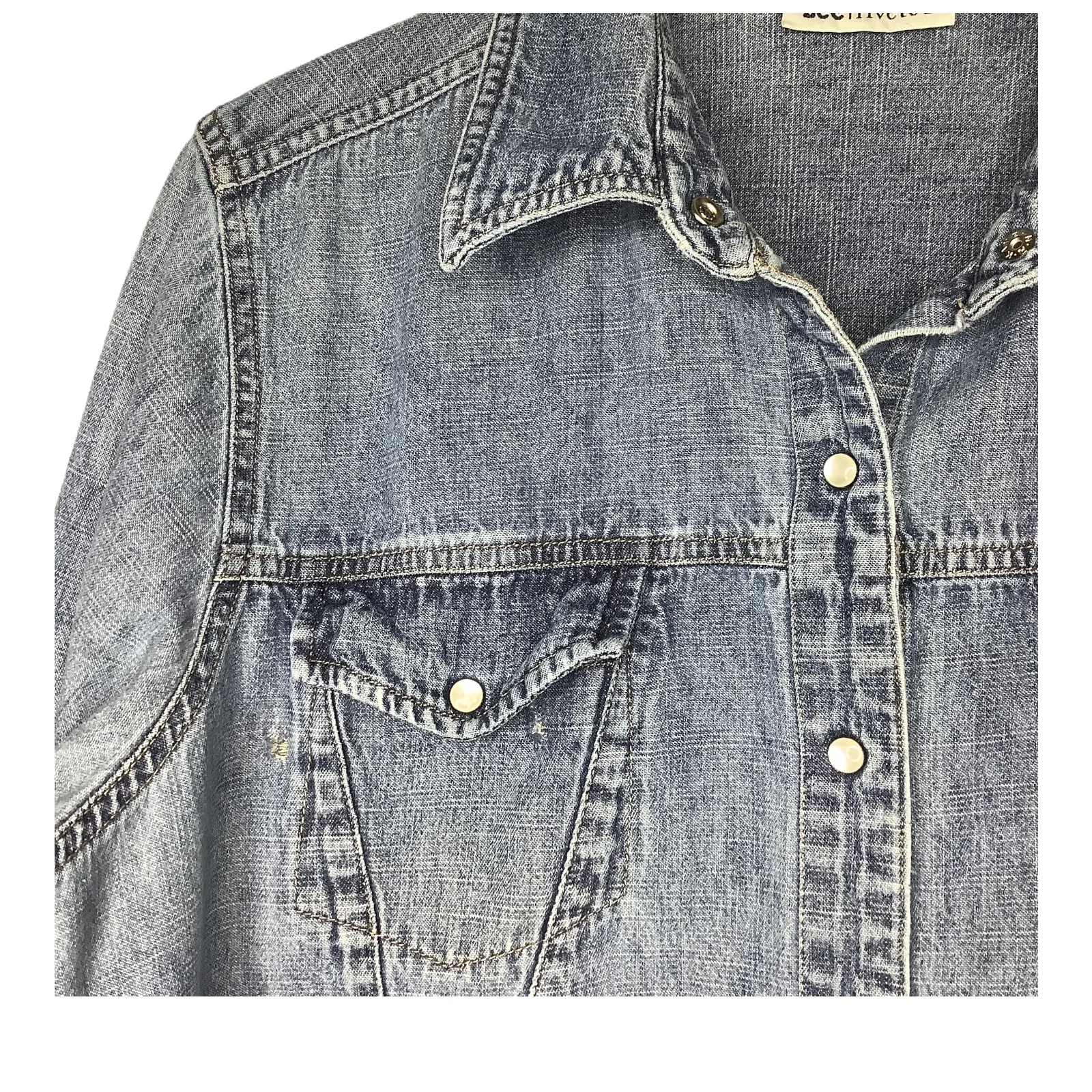 Vintage Riveted Shirt 90s Large Long Sleeve Denim Snap Faded Look Distressed by Lee - Image 6