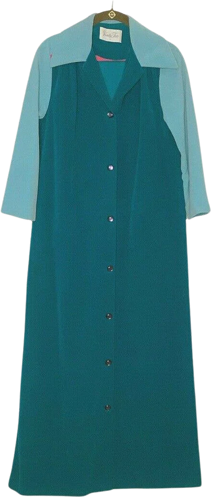 Vintage Robe 70s Medium 8 Housecoat Velour Button Up Green Blue Long by Vanity Fair