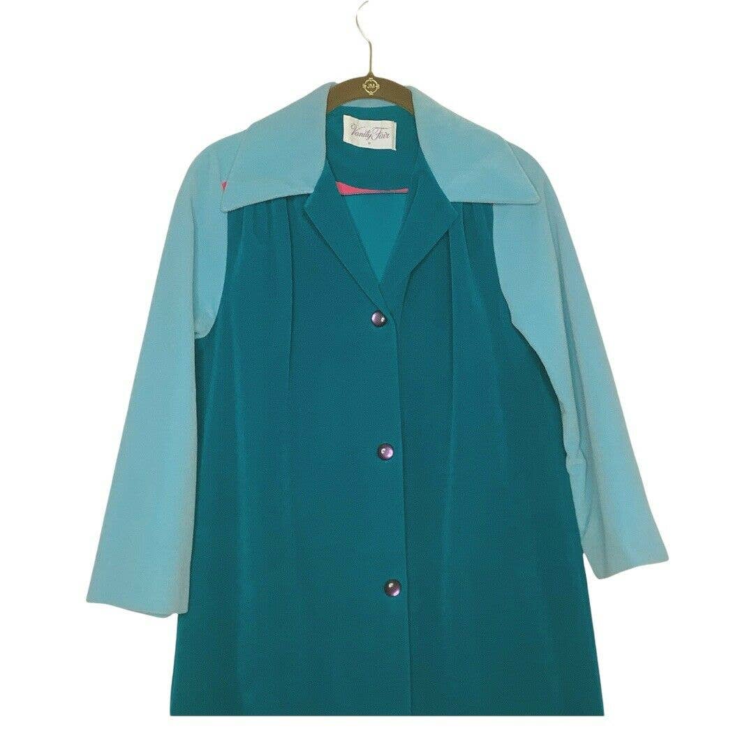 Vintage Robe 70s Medium 8 Housecoat Velour Button Up Green Blue Long by Vanity Fair - Image 4