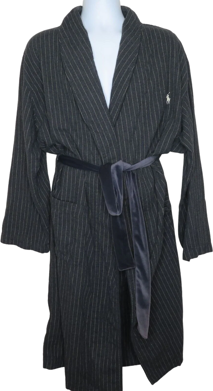 Vintage Robe Mens M Gray Pinstriped Cotton Belted Pockets by Ralph Lauren