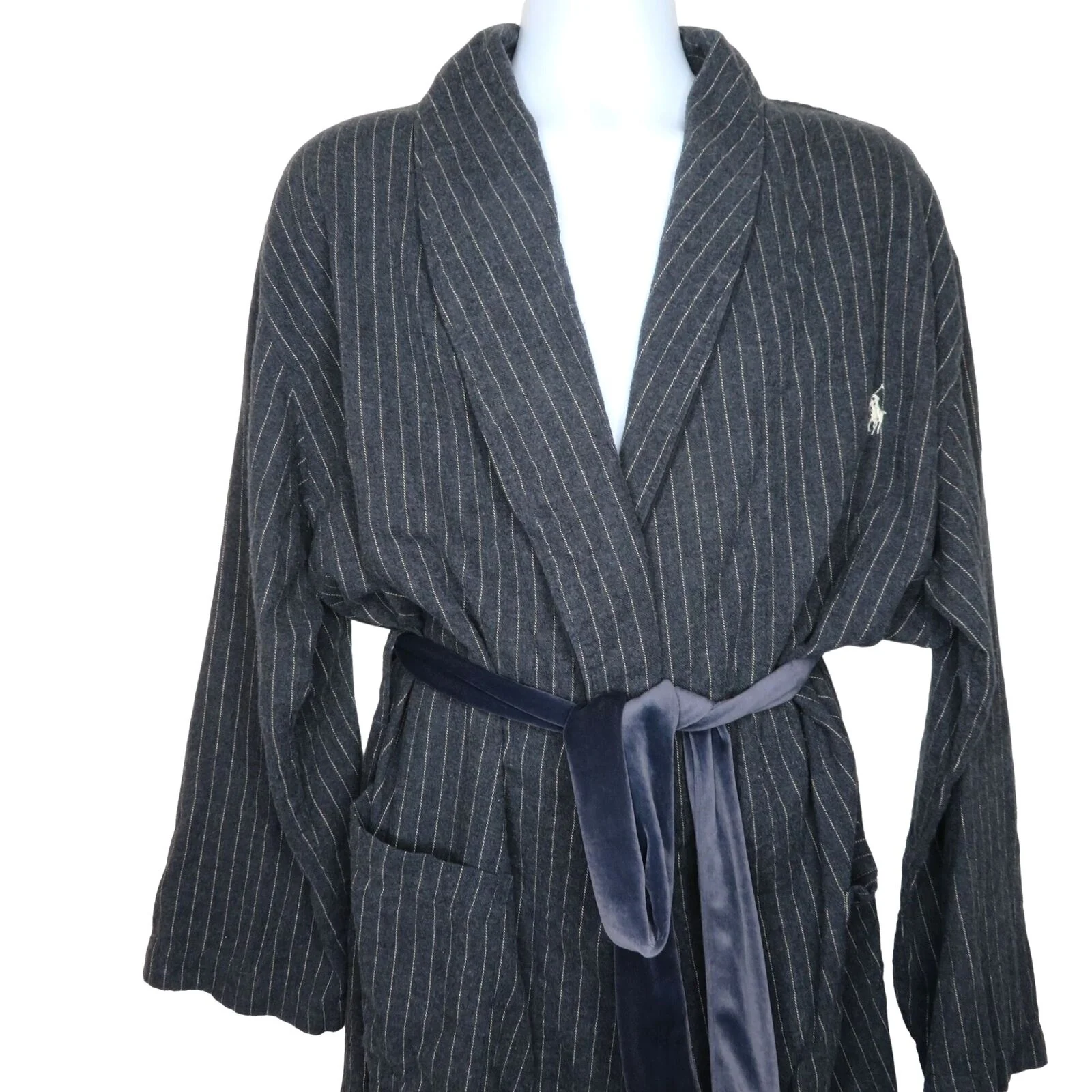 Vintage Robe Mens M Gray Pinstriped Cotton Belted Pockets by Ralph Lauren - Image 3