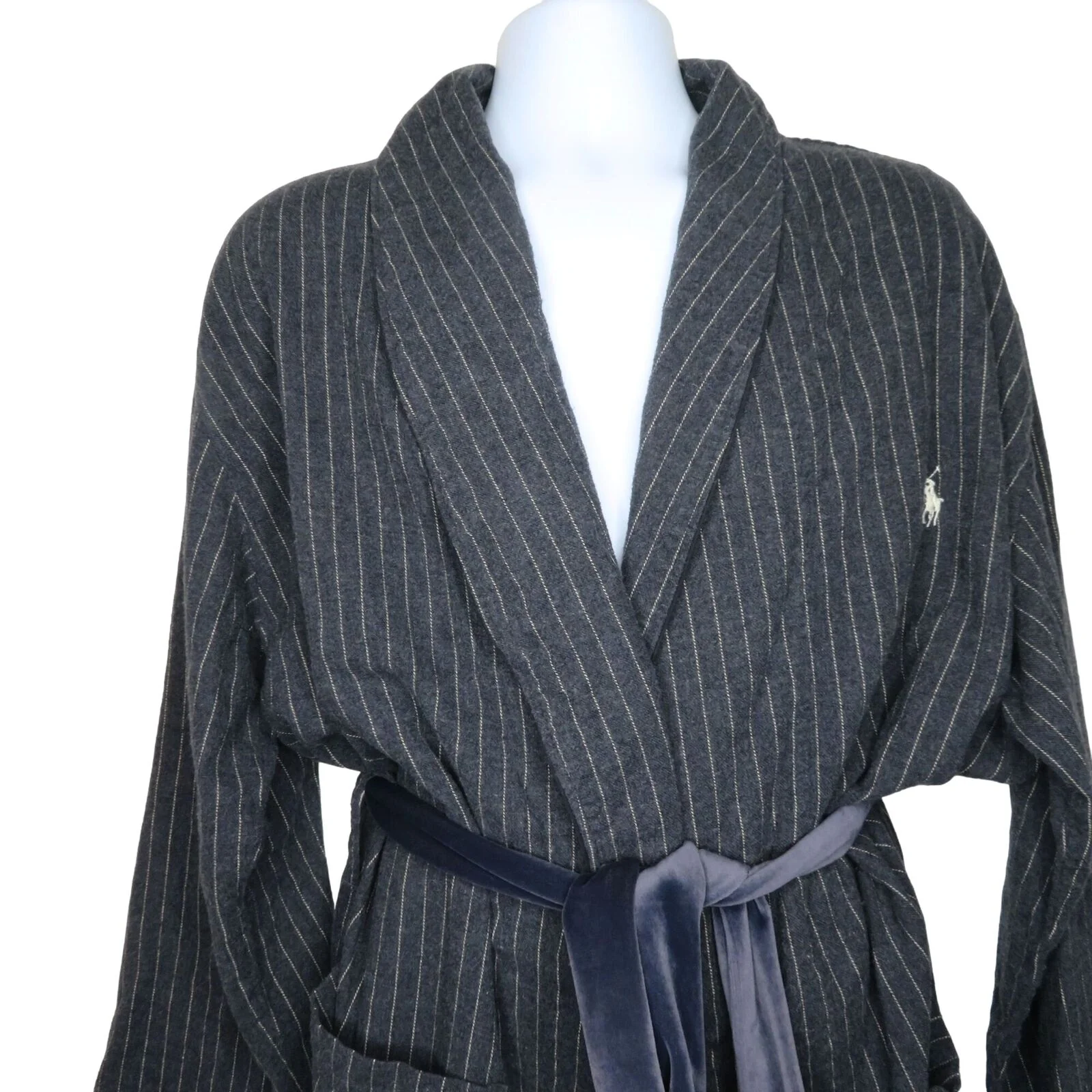 Vintage Robe Mens M Gray Pinstriped Cotton Belted Pockets by Ralph Lauren - Image 4