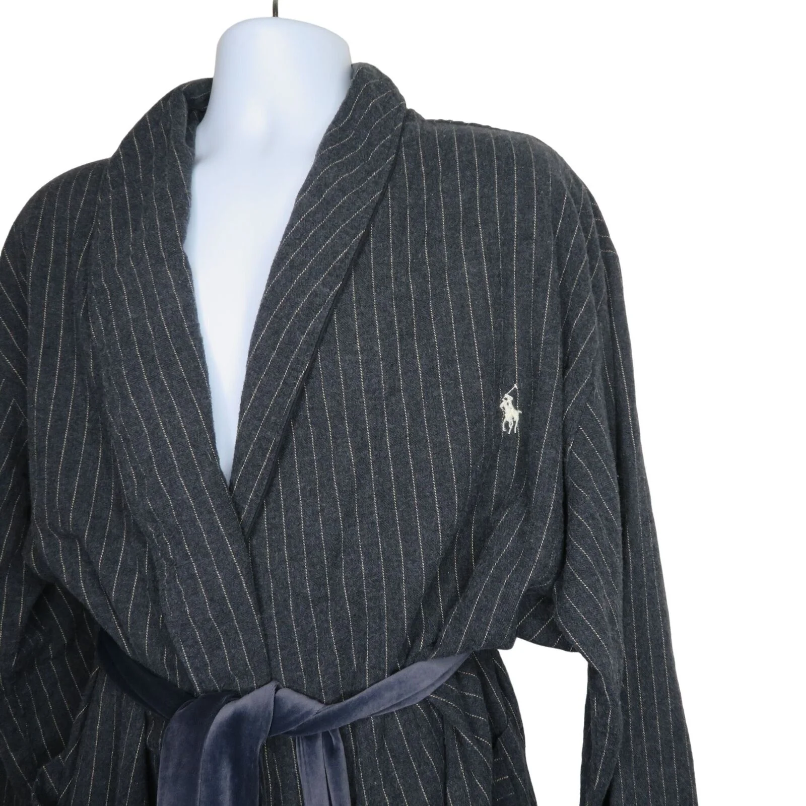 Vintage Robe Mens M Gray Pinstriped Cotton Belted Pockets by Ralph Lauren - Image 6