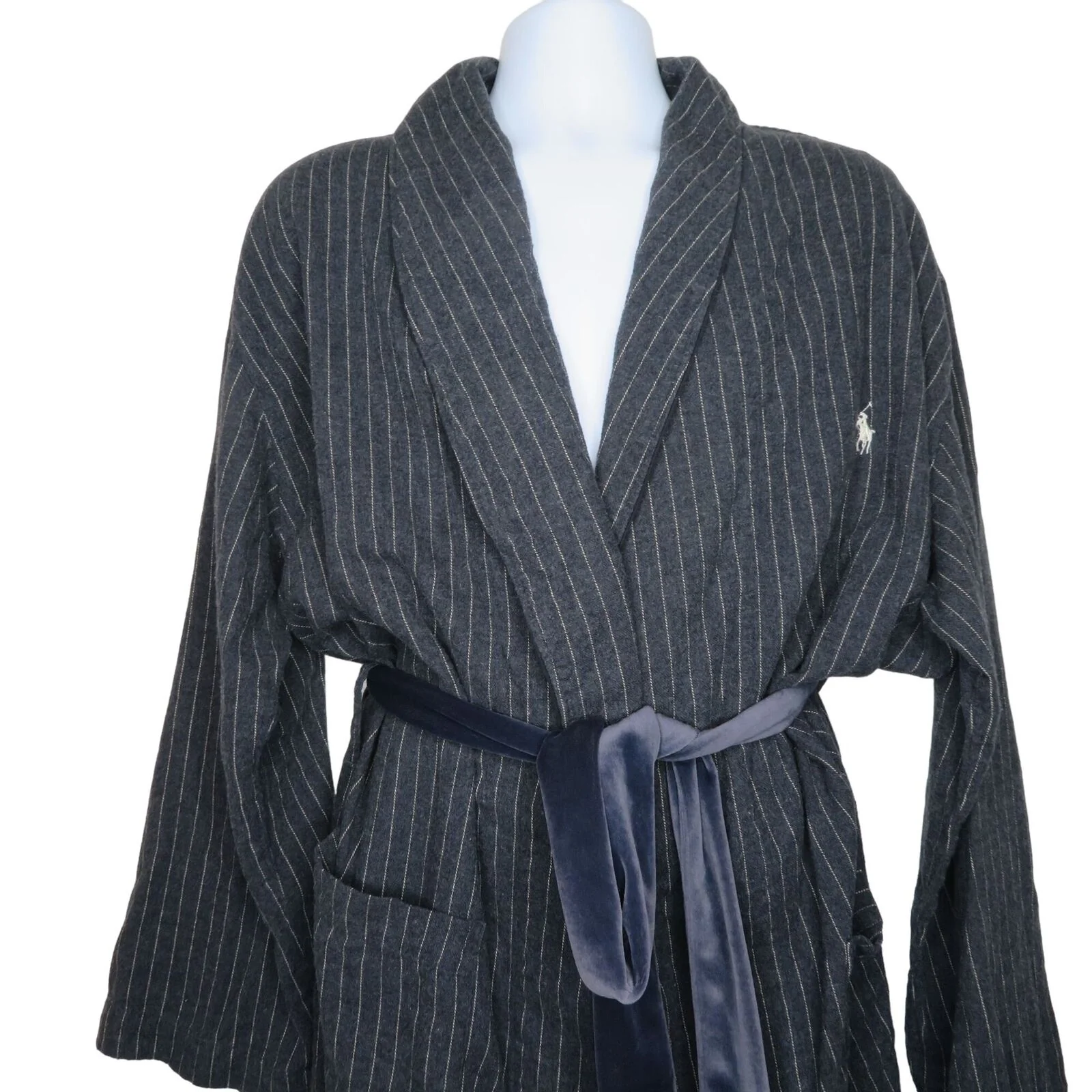 Vintage Robe Mens M Gray Pinstriped Cotton Belted Pockets by Ralph Lauren - Image 9