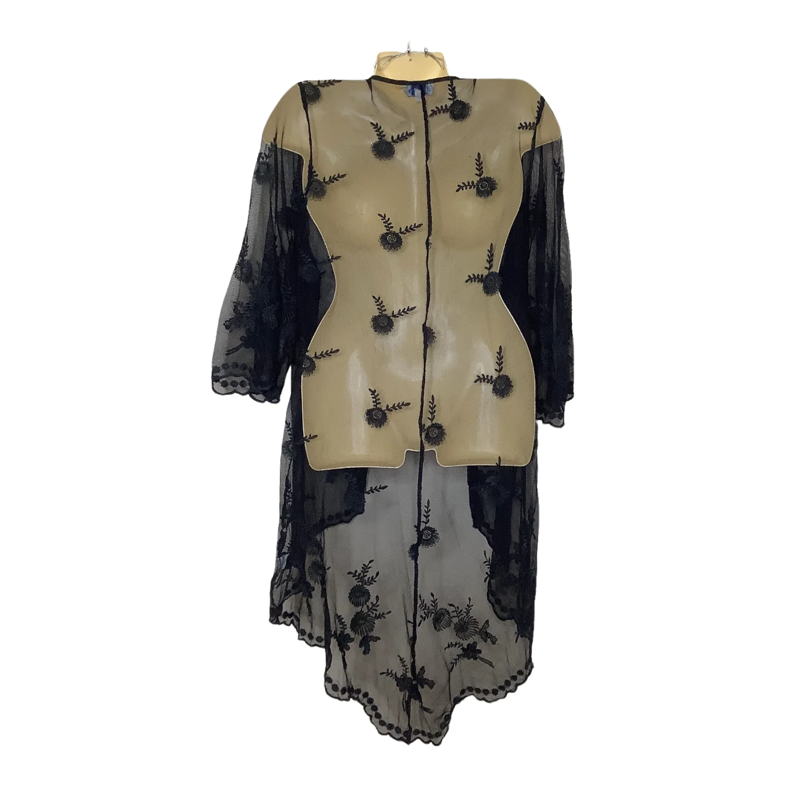 Vintage Robe Topper Sheer Mesh Net Embroidered Floral Quarter Length Sleeve Hi Low 80s 90s - Image 2