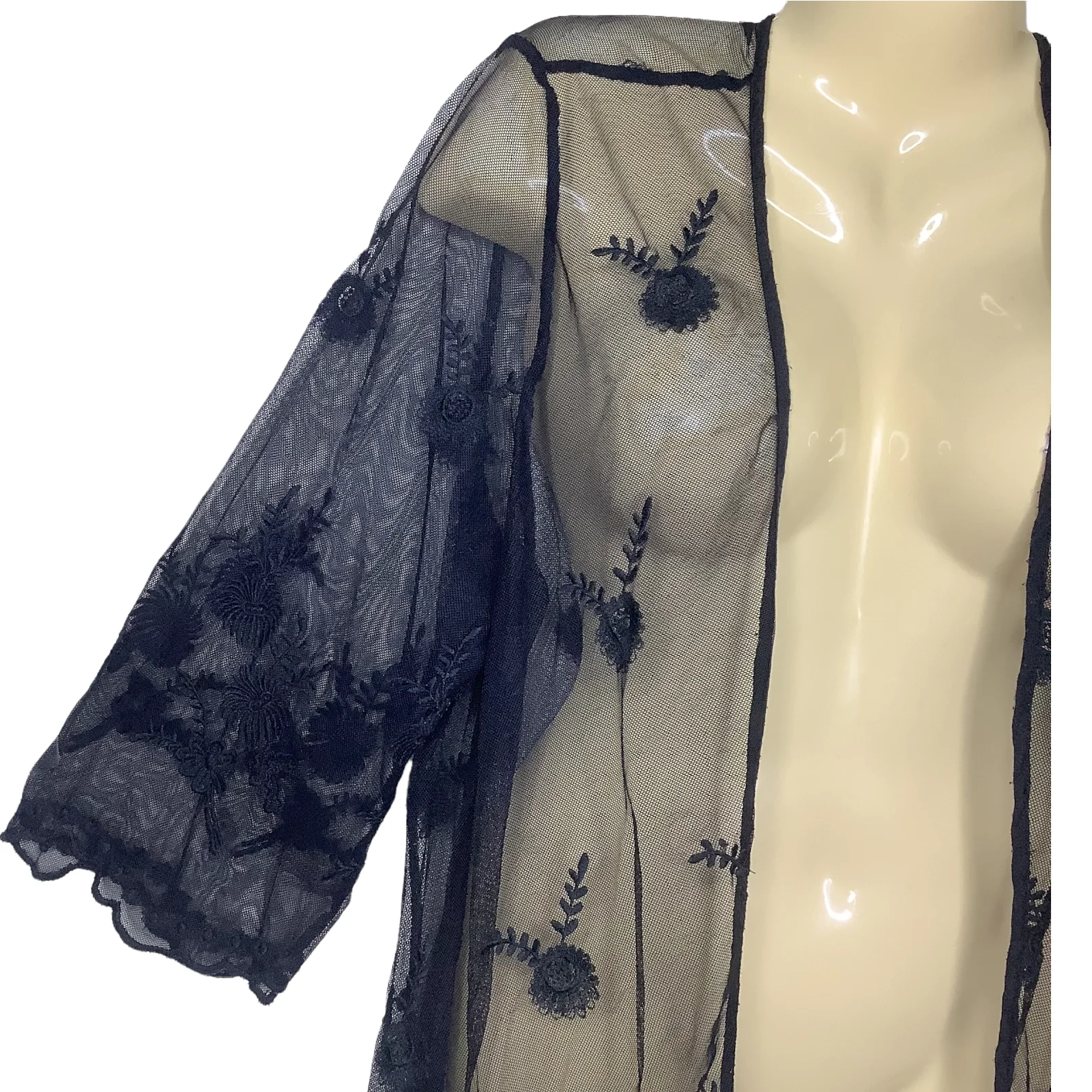 Vintage Robe Topper Sheer Mesh Net Embroidered Floral Quarter Length Sleeve Hi Low 80s 90s - Image 3
