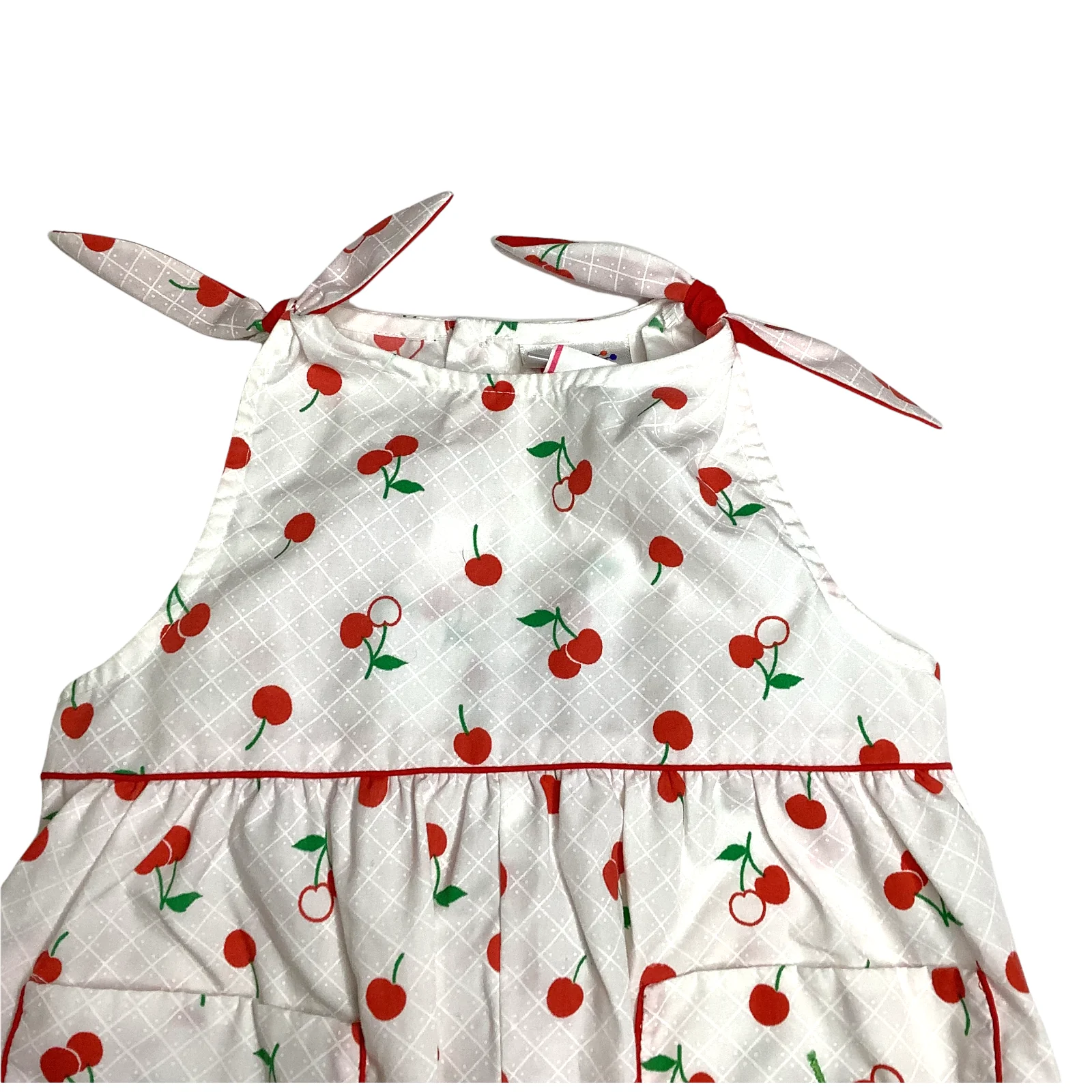 Vintage Romper 80s Playsuit Cherry Print White Red Stretch Ruffle Hem Sleeveless - Image 3