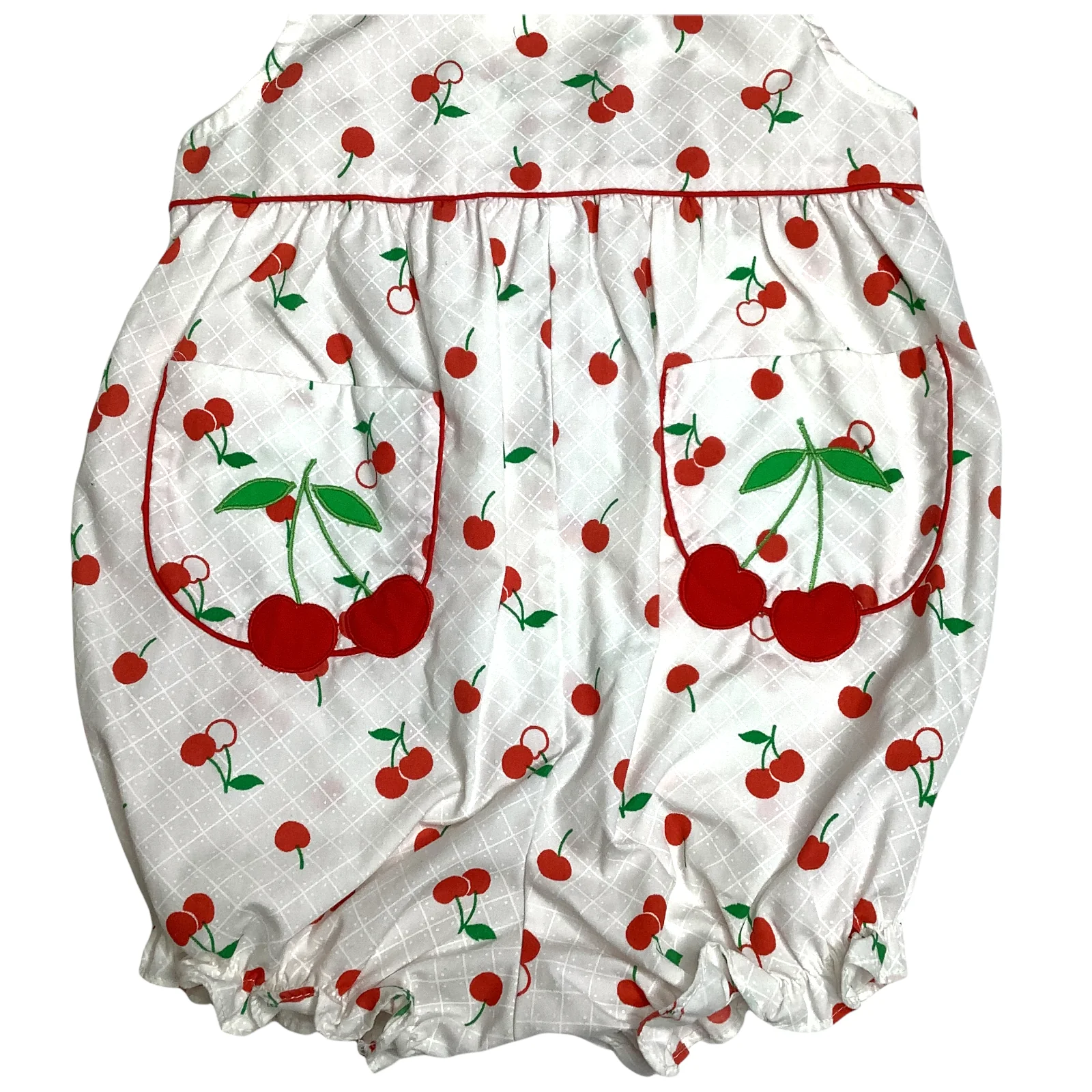 Vintage Romper 80s Playsuit Cherry Print White Red Stretch Ruffle Hem Sleeveless - Image 4