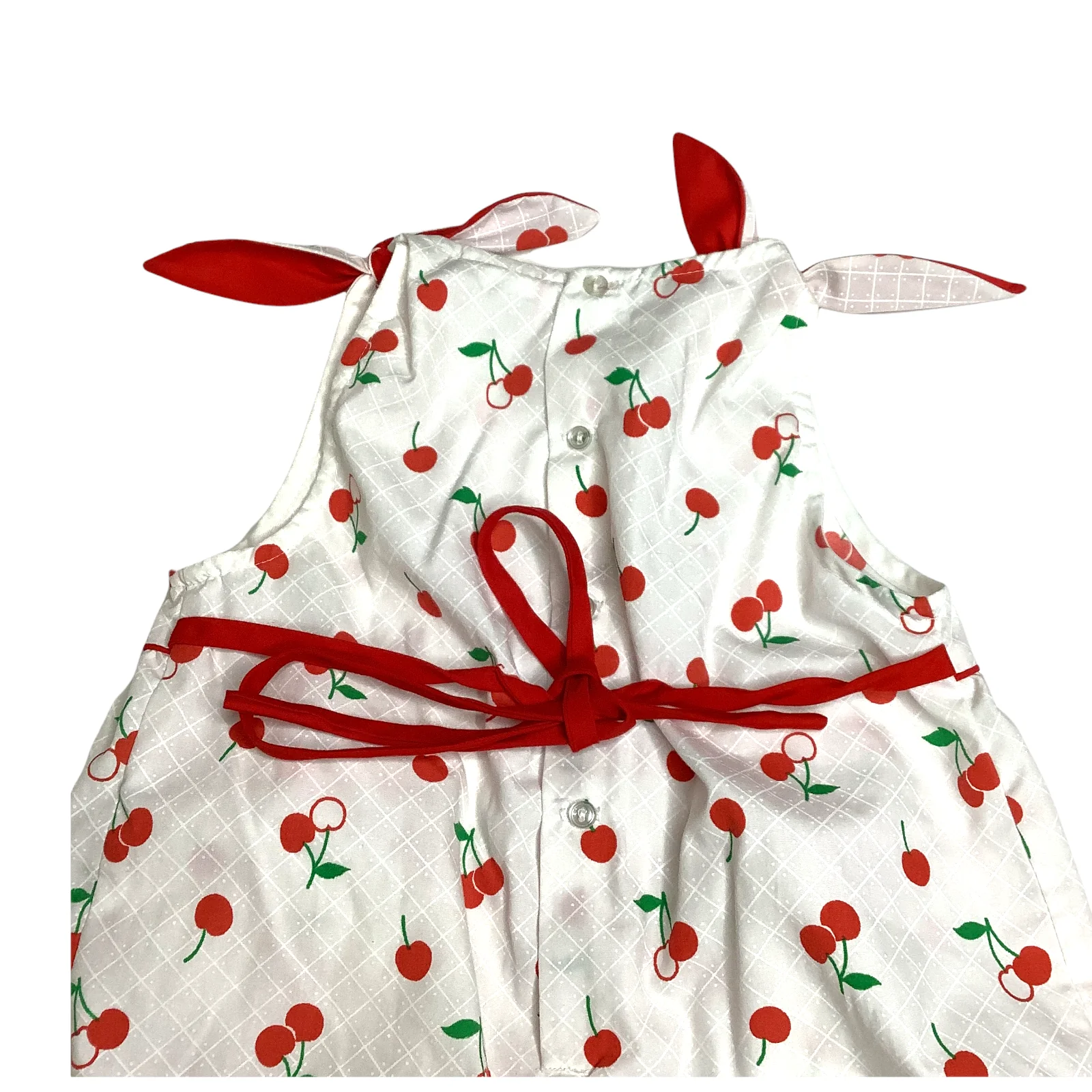 Vintage Romper 80s Playsuit Cherry Print White Red Stretch Ruffle Hem Sleeveless - Image 5