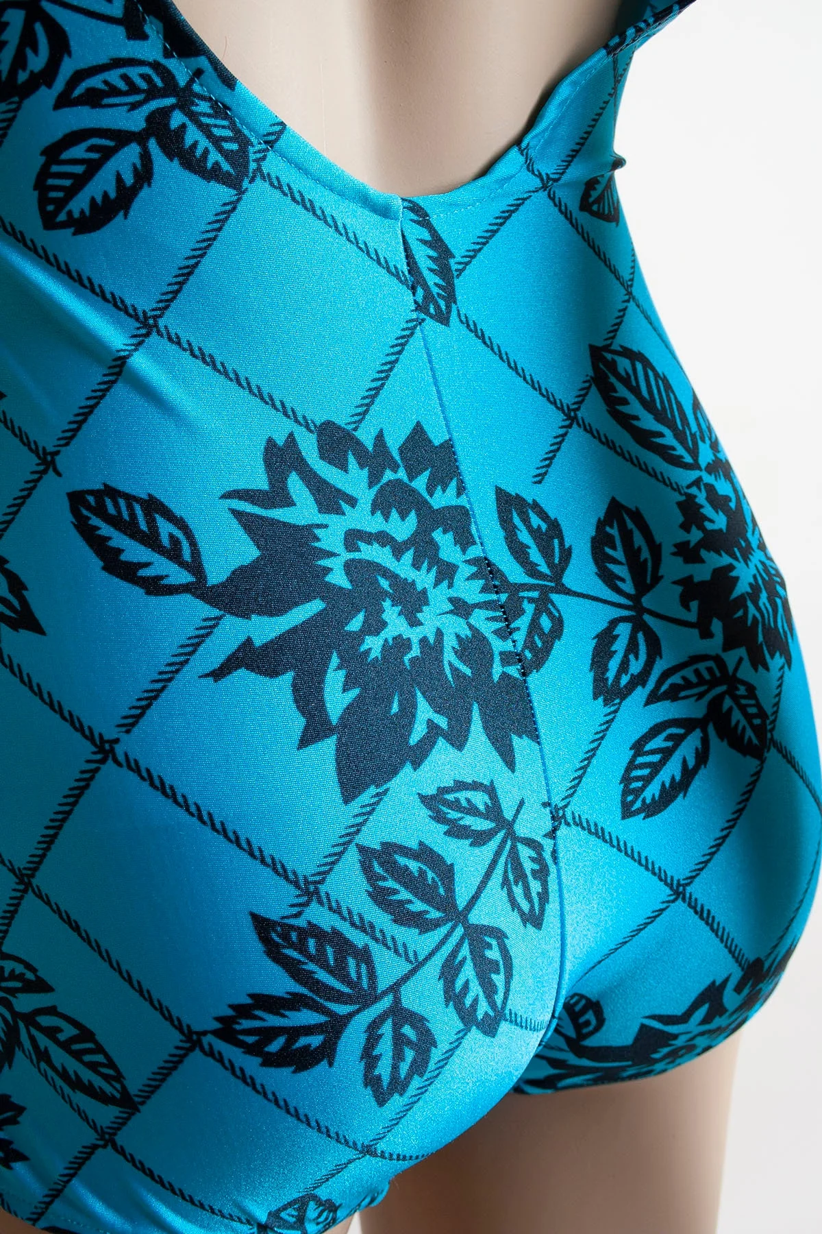 Vintage Rose Print Bathing Suit 90s Aquamarine Blue and Black Print Floral Flower Maillot Skirted Front Low Scoop Back Small by Sea Stars - Image 6