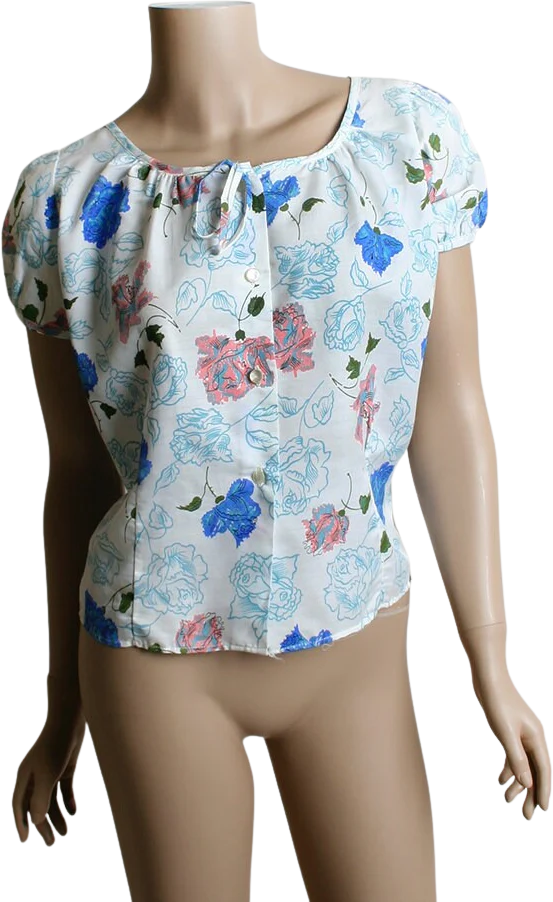 Vintage Rose Print Blouse 50s Cotton Pink and Shades of Blue Floral Button Up Medium by Cindy Collins