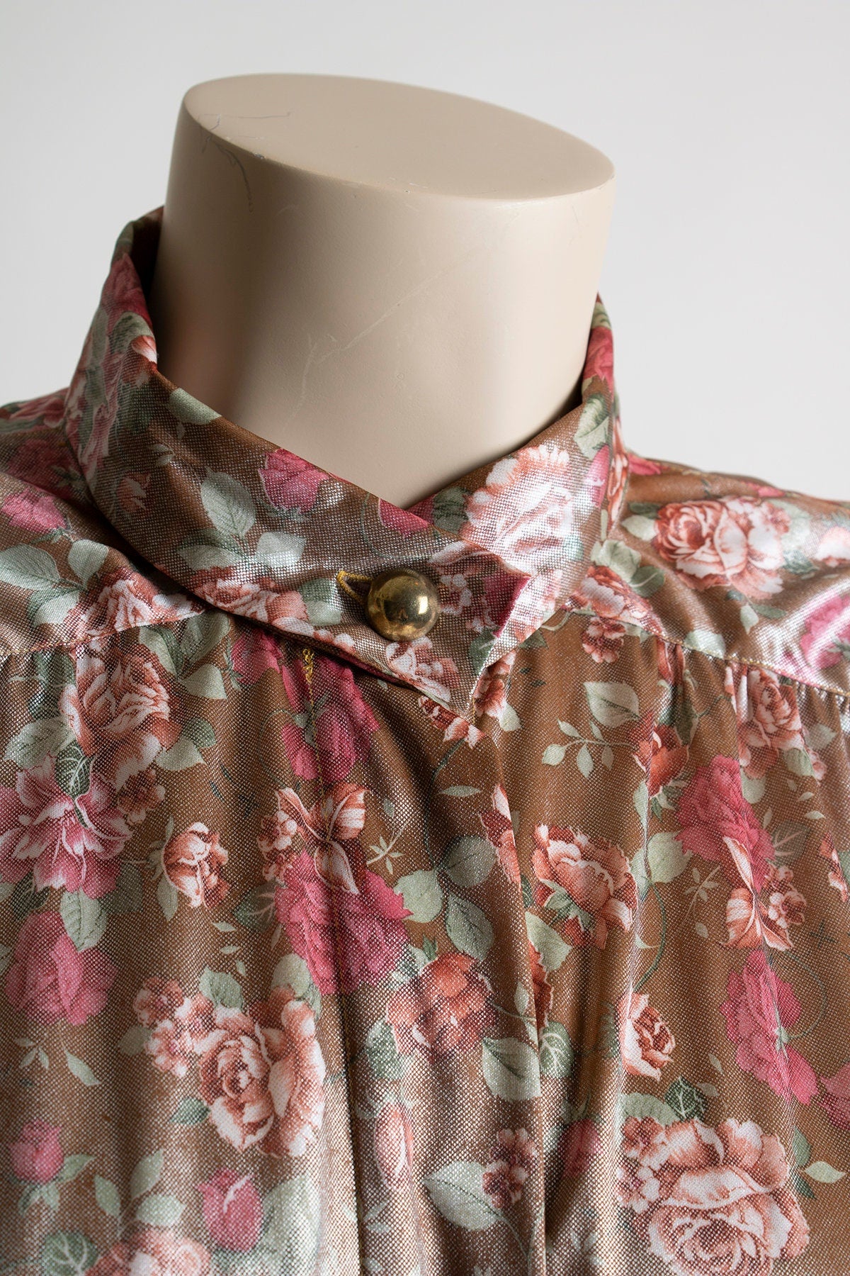 Vintage Rose Print Blouse Shiny Shimmery Liquid Wet Look 90s Floral Print Button Up Secretary Style Large Xl by Shara - Image 6