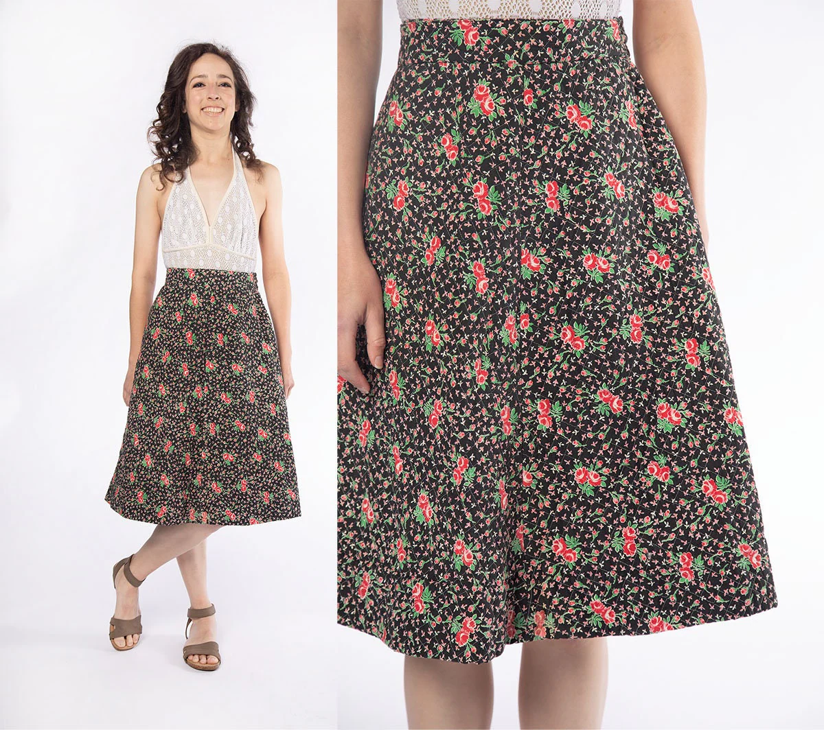 Vintage Rose Print Quilt Skirt - A-Line Knee Length Black and Pink Floral Print Skirt 70s - Cotton - Small 26" Waist - Image 4