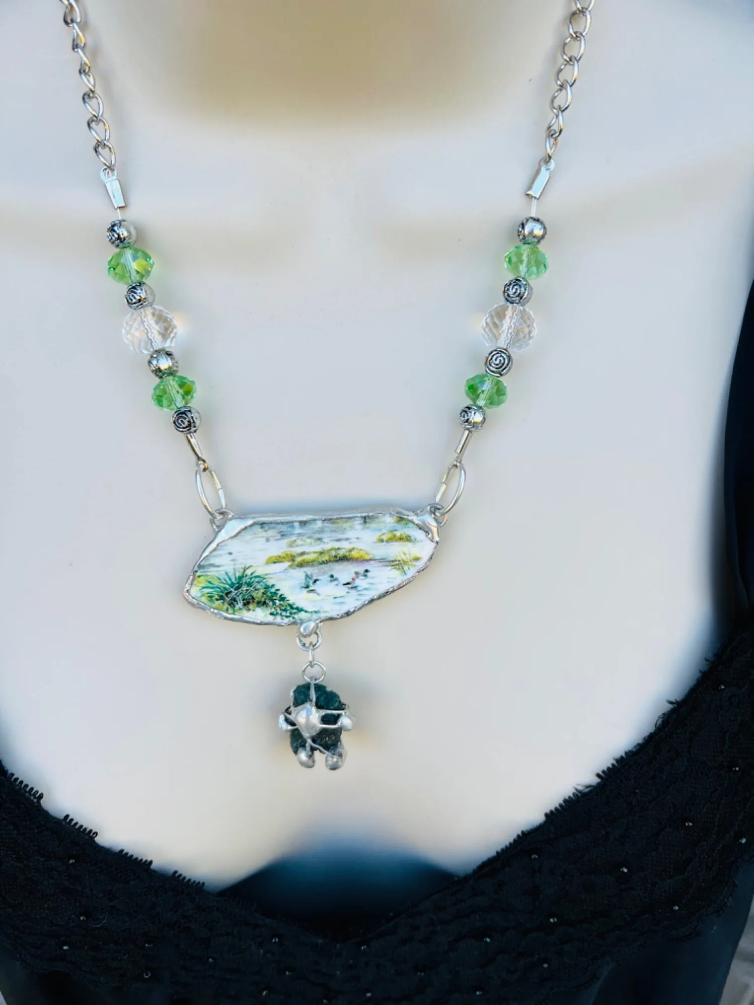 Vintage Royal Stewart Broken China Necklace and Soldered Raw Moldavite Beaded - Image 2