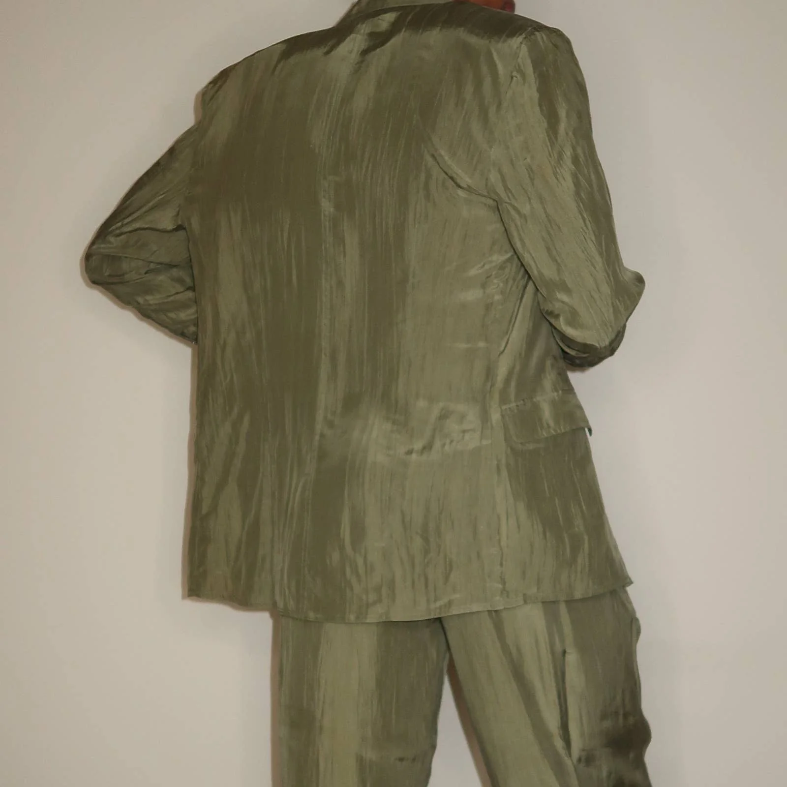 Vintage Sage Green Silk Blazer and Pants Suit - Image 3