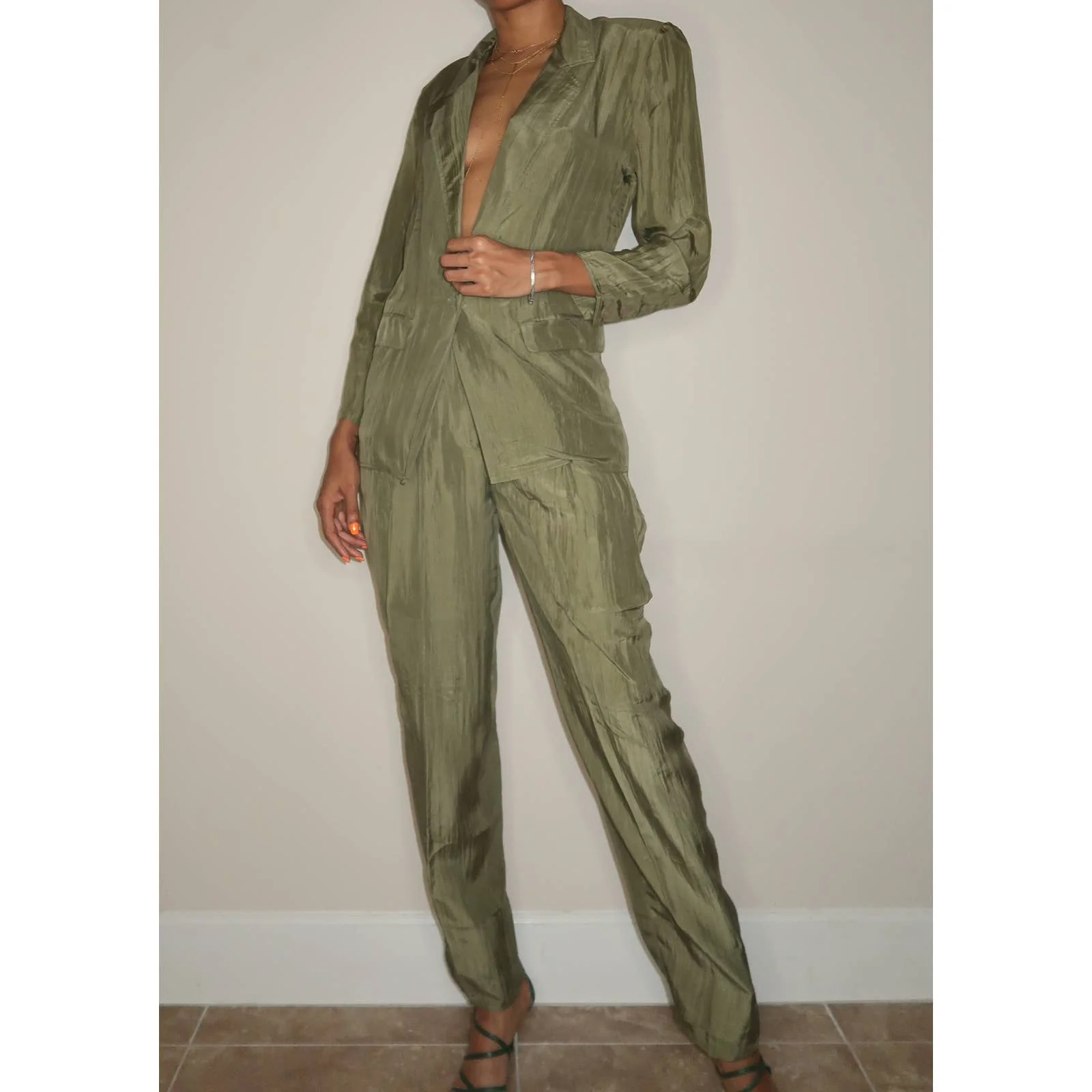 Vintage Sage Green Silk Blazer and Pants Suit - Image 5