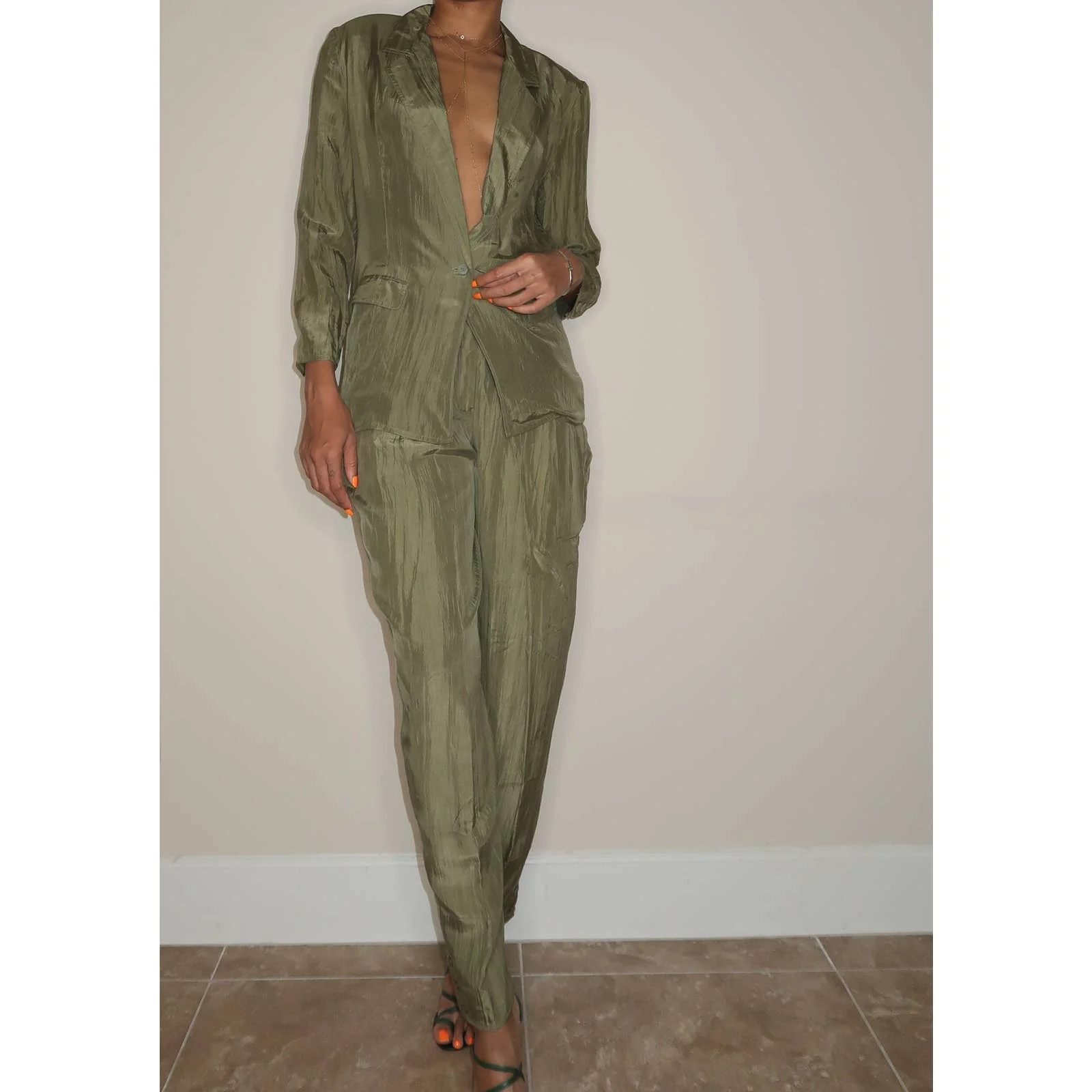 Vintage Sage Green Silk Blazer and Pants Suit - Image 6