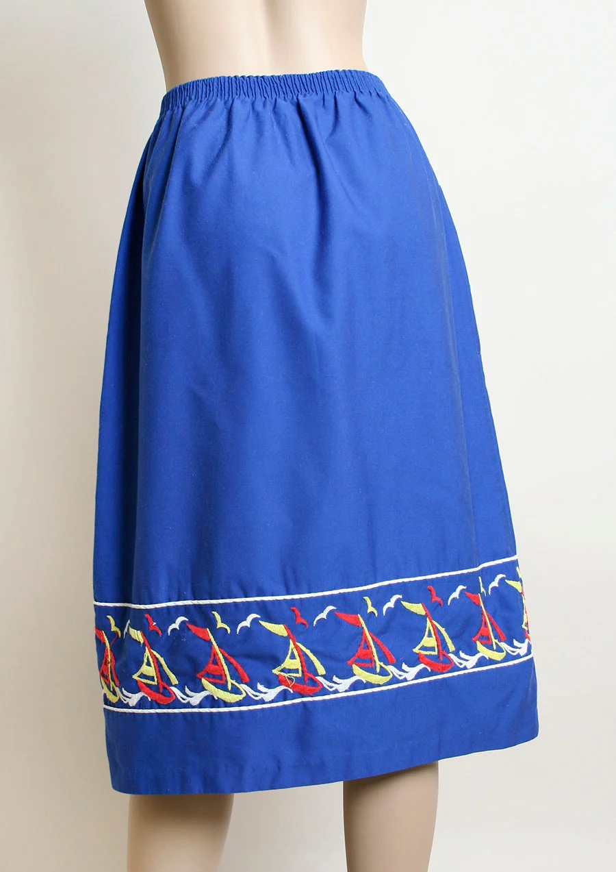Vintage Sailboat Embroidered 70s Bright Royal Blue Midi Tea Length Skirt with Birds and Boats - Image 3