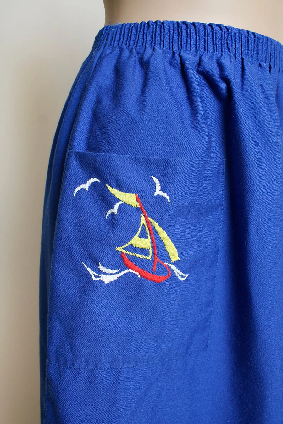 Vintage Sailboat Embroidered 70s Bright Royal Blue Midi Tea Length Skirt with Birds and Boats - Image 6