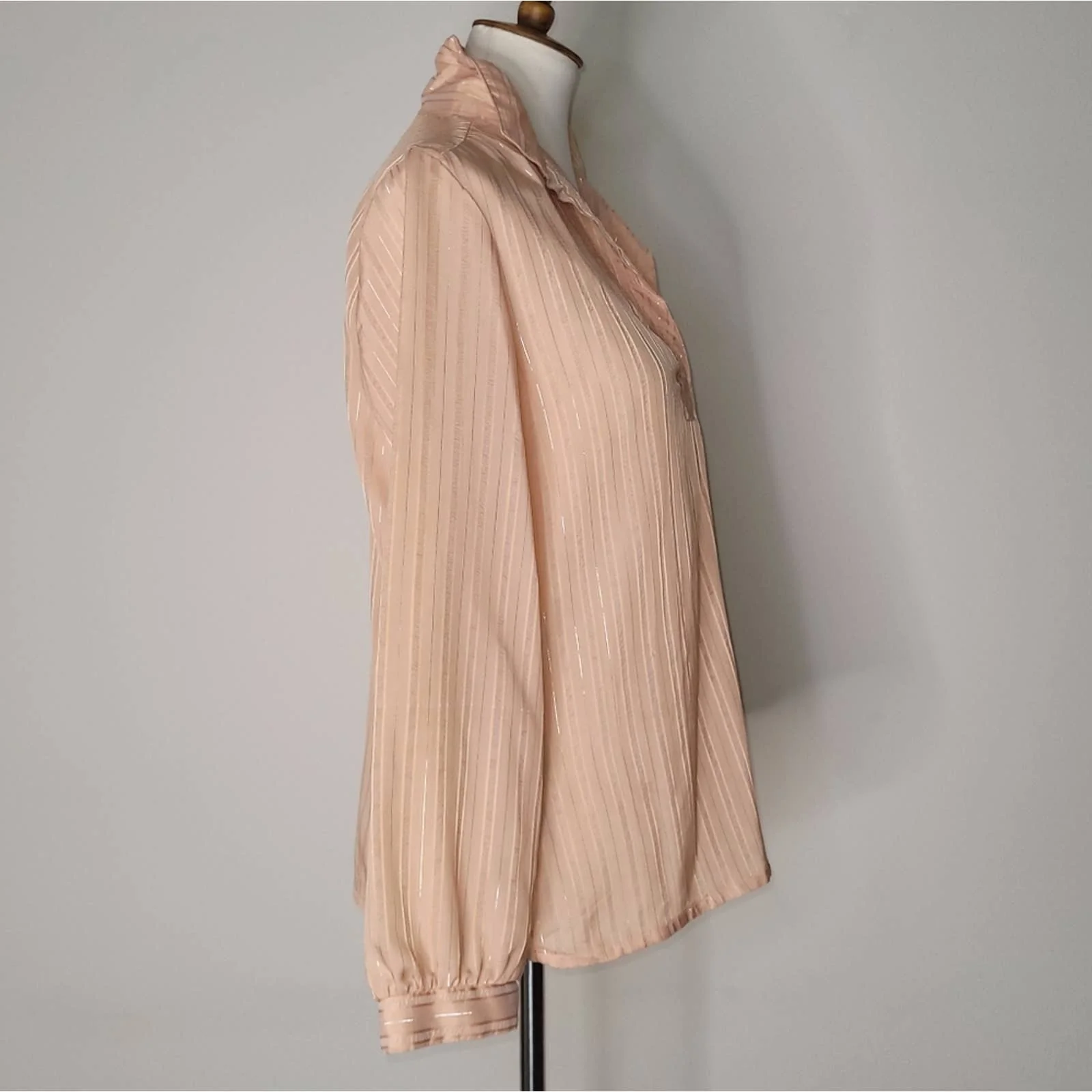 Vintage Salmon/pink and Metallic Vertical-Striped Long-Sleeved Collared Blouse by Elles Belles - Image 3