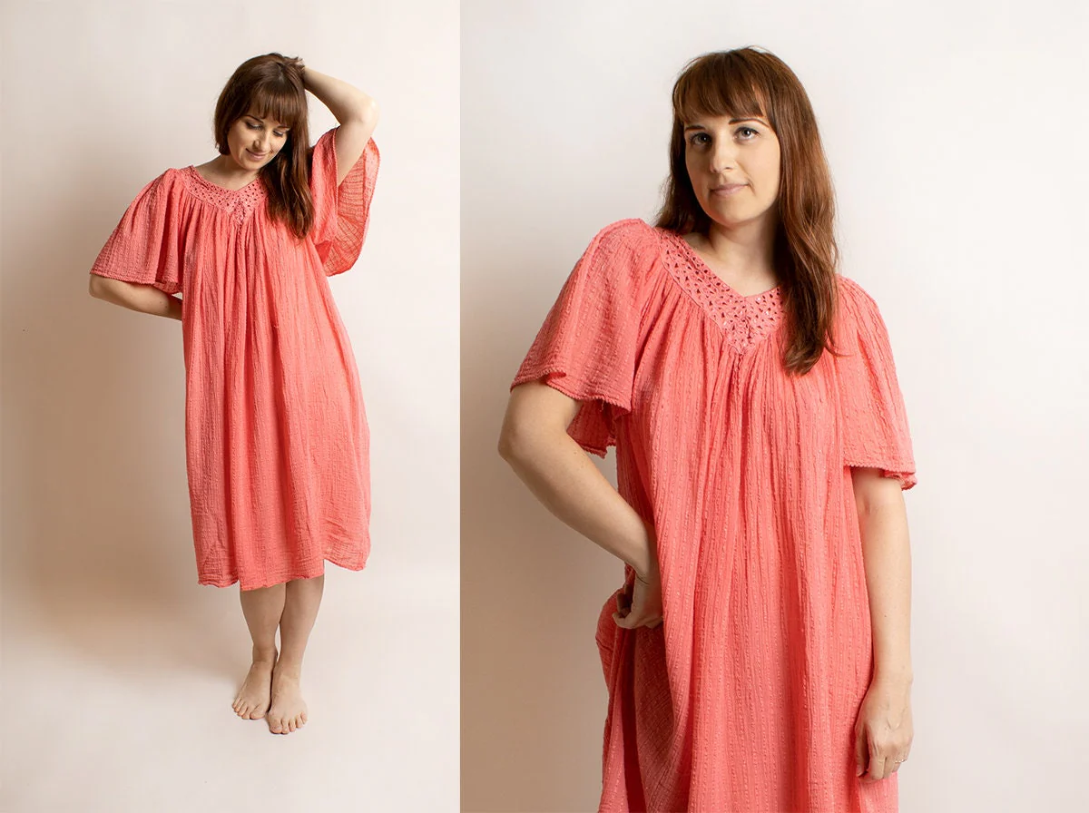 Vintage Salmon Pink Cotton Gauze Lounge Crinkle Texture Rayon Flutter Sleeve Summer Kaftan 90s by Points West, - Image 3