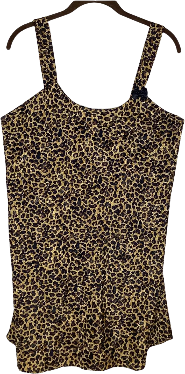 Vintage Satin Slip Chemise Mini Dress Sheen Wearable Lingerie Leopard Print Bow by Kayser