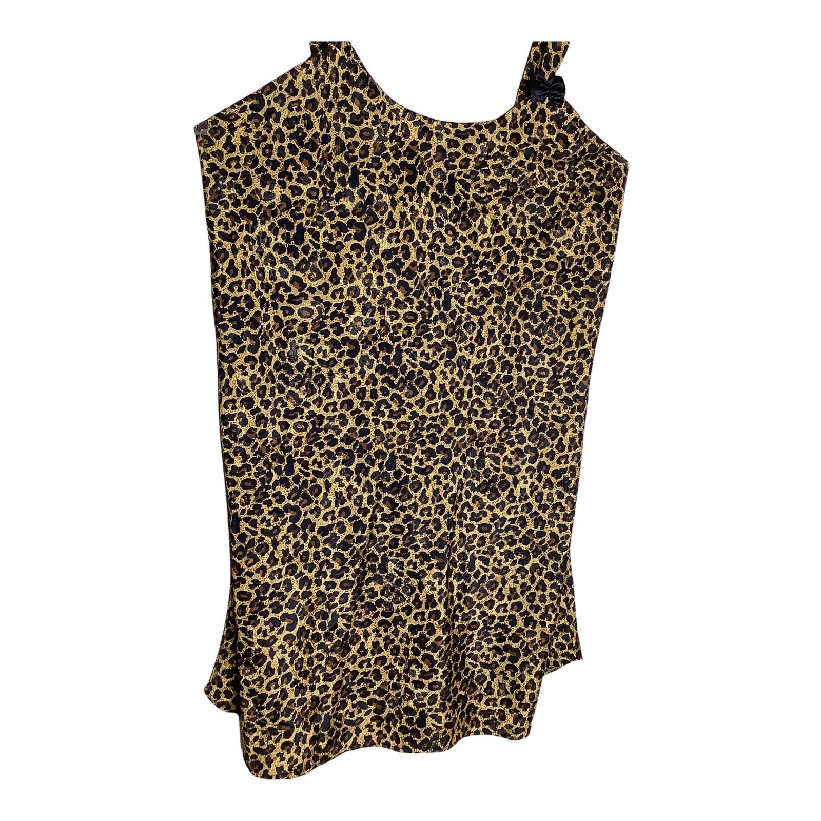 Vintage Satin Slip Chemise Mini Dress Sheen Wearable Lingerie Leopard Print Bow by Kayser - Image 6