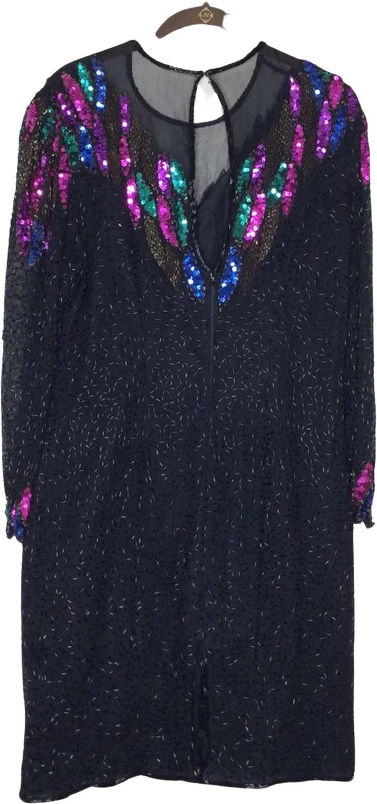 Vintage Scala Dress 80s Sequins Beaded Embellished Illusion Neck Keyhole Back M