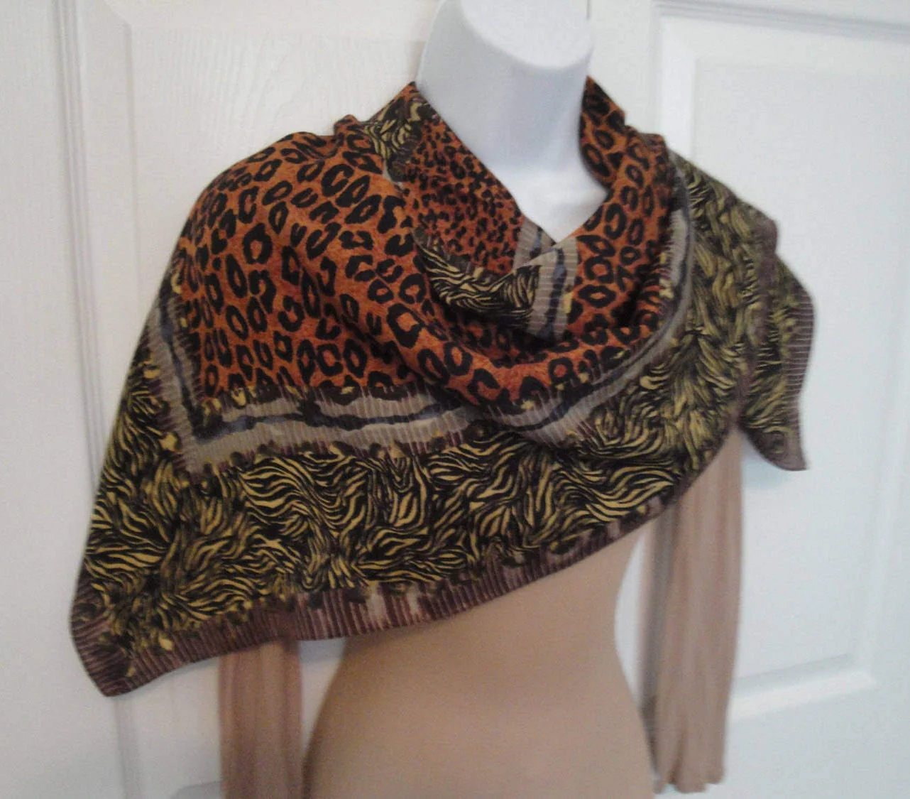 Vintage Scarf Sheer with Variety of Animal Print Designs Shades of Brown Tan Gold Copper Border Print Style Hemmed Edges - Image 2