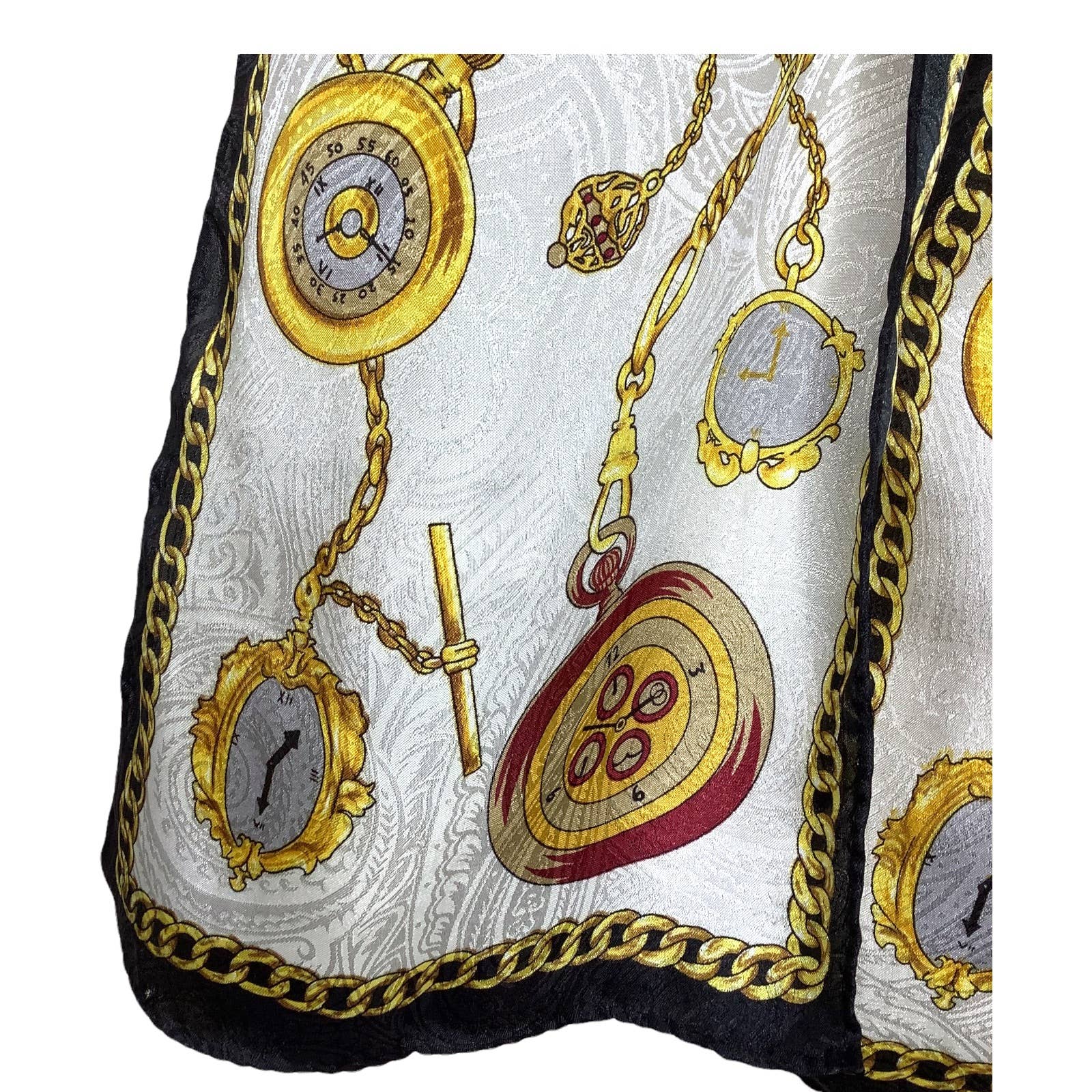 Vintage Scarf Watches Gold Chain Print Secretary Disco Novelty Blue White 50x9. 5 - Image 2