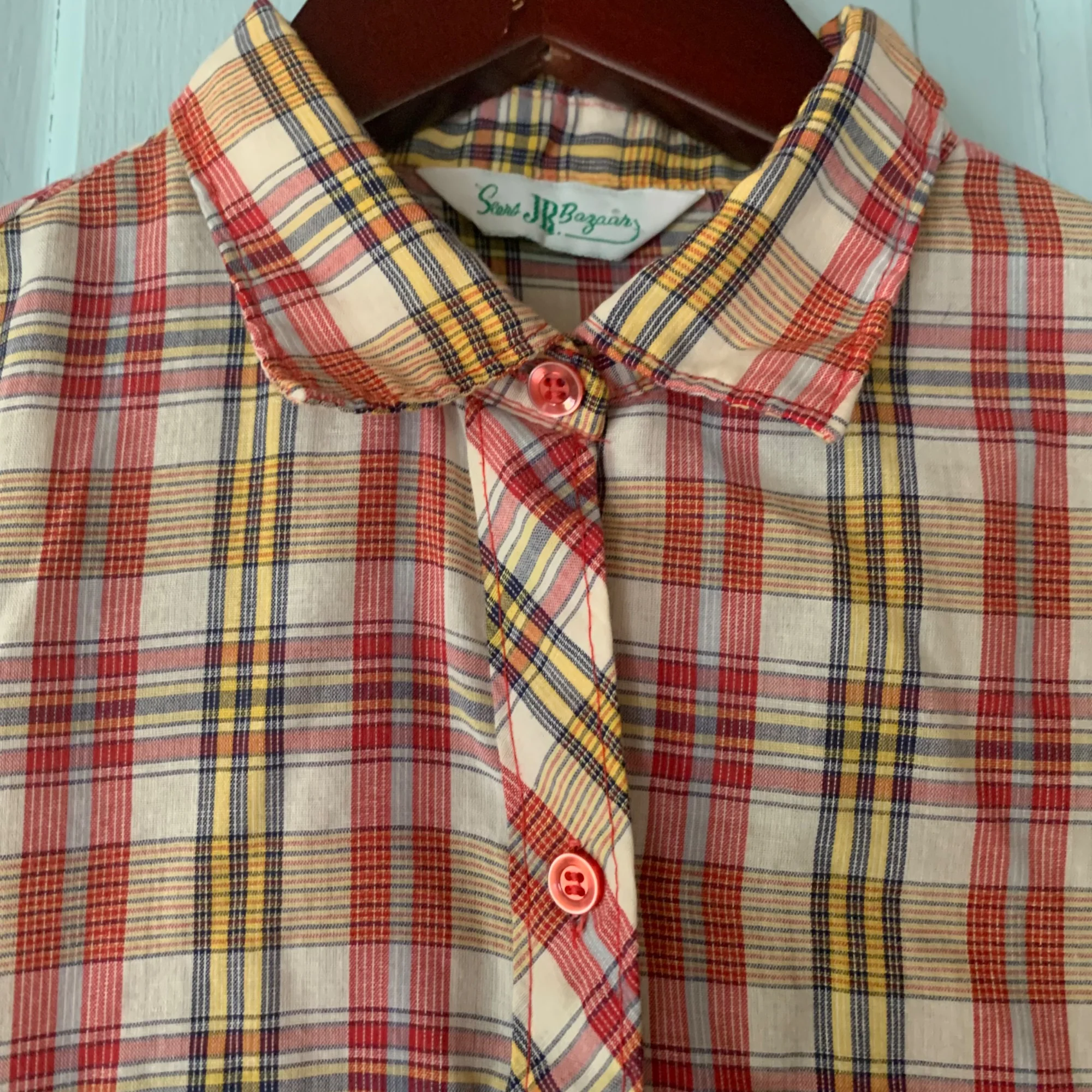 Vintage Sears Jr Bazaar Plaid Shirt 60s Button Up Lightweight Red Yellow Medium by Sears Jr Bazaar - Image 2