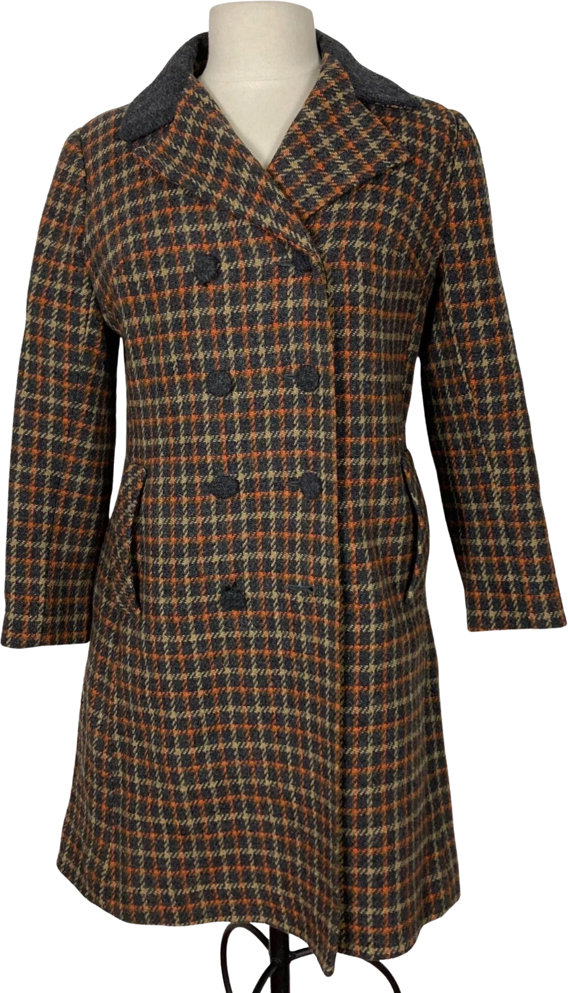 Vintage Sears Junior Bazaar Winter Coat Womens Medium Gray Orange Plaid 70s by Sears