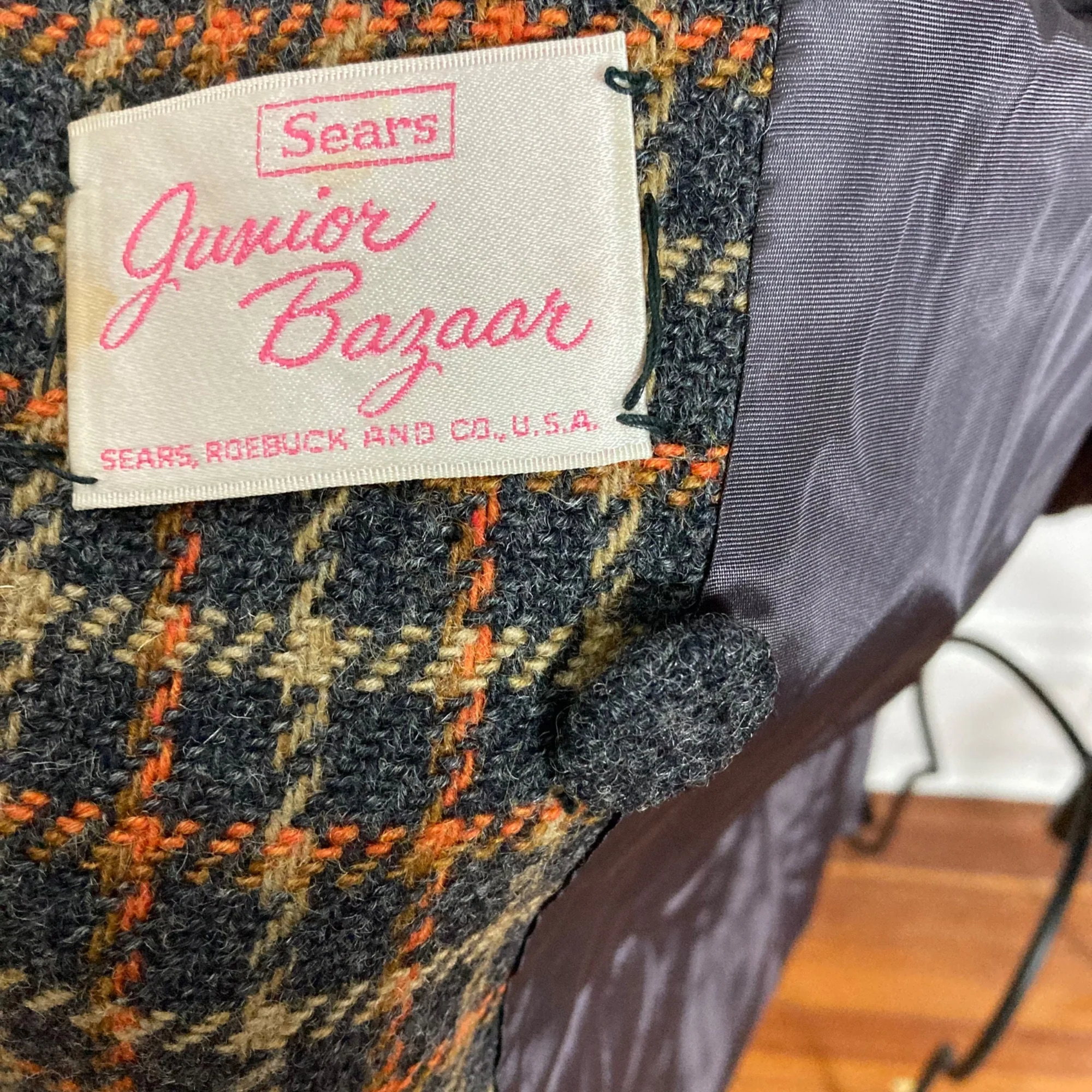 Vintage Sears Junior Bazaar Winter Coat Womens Medium Gray Orange Plaid 70s by Sears - Image 8