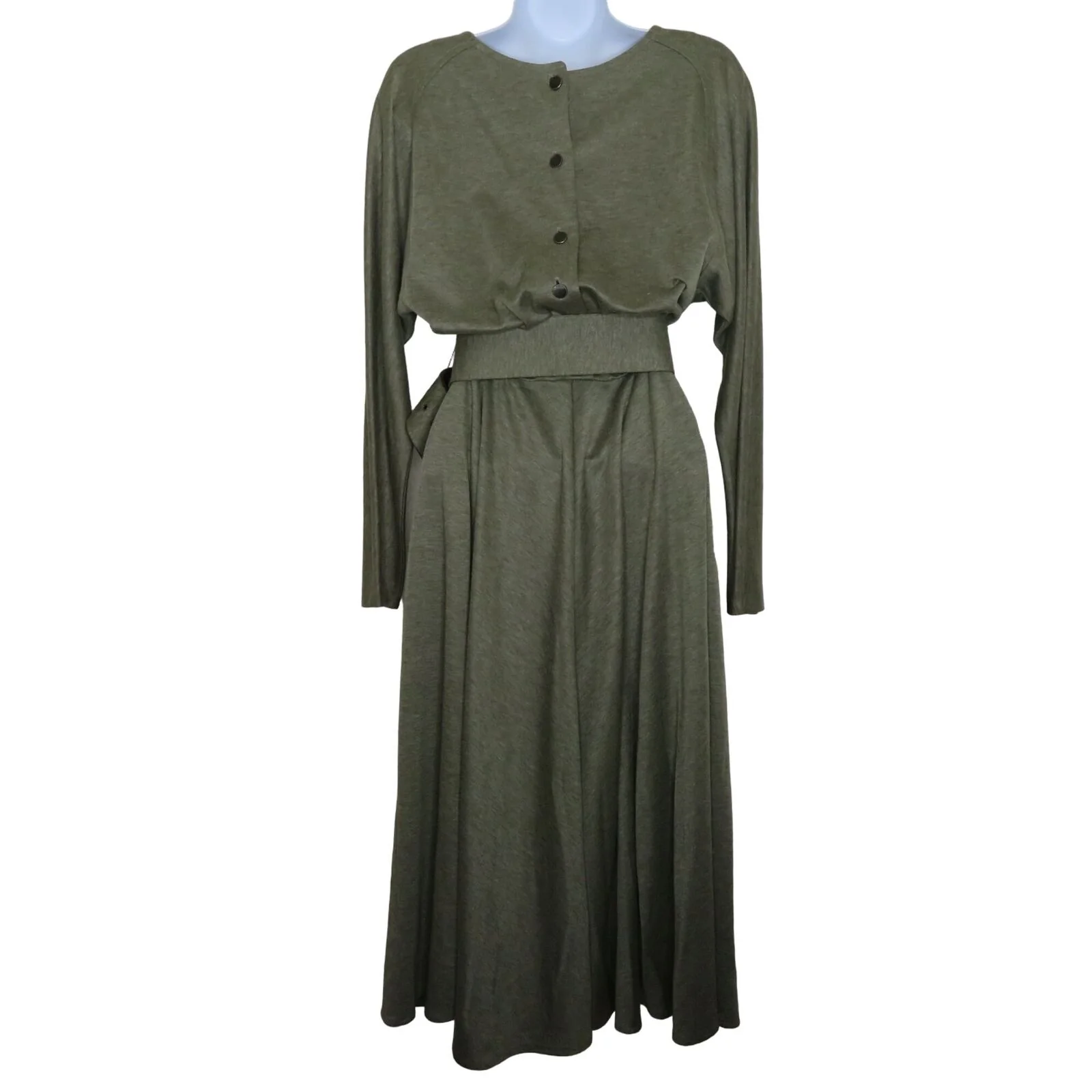 Vintage Secretary Midi Dress M Green Belt Elastic Waist Pockets Long Sleeve by Stuart Alan - Image 2