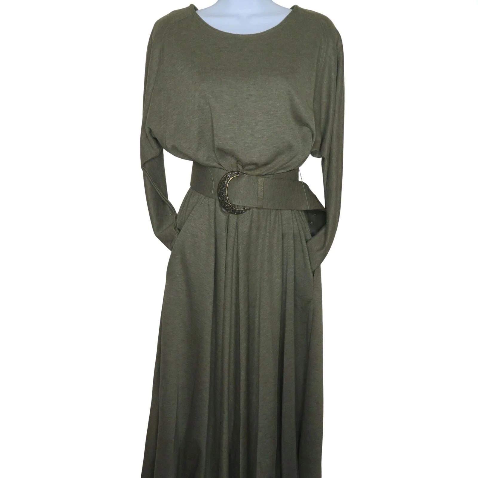 Vintage Secretary Midi Dress M Green Belt Elastic Waist Pockets Long Sleeve by Stuart Alan - Image 3