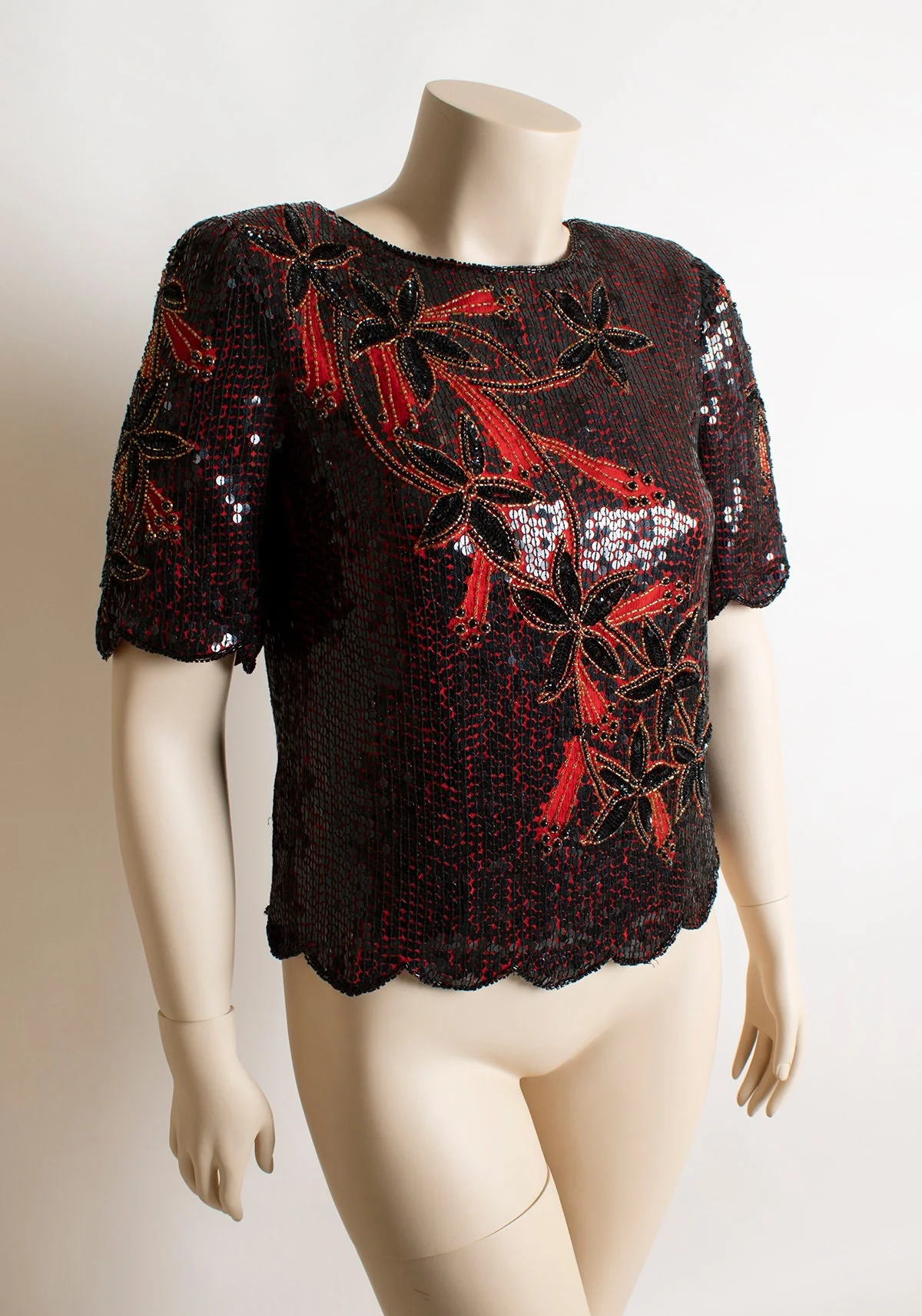 Vintage Sequin Blouse - Red and Black Floral Design Sequined Cocktail Party Silk Sparkly Beaded Flashy Top - Scala 80s 90s - Medium Large by Scala - Image 3