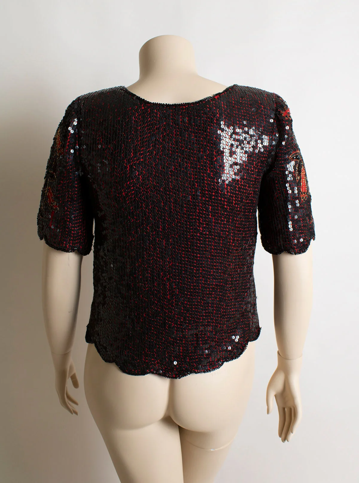 Vintage Sequin Blouse - Red and Black Floral Design Sequined Cocktail Party Silk Sparkly Beaded Flashy Top - Scala 80s 90s - Medium Large by Scala - Image 4