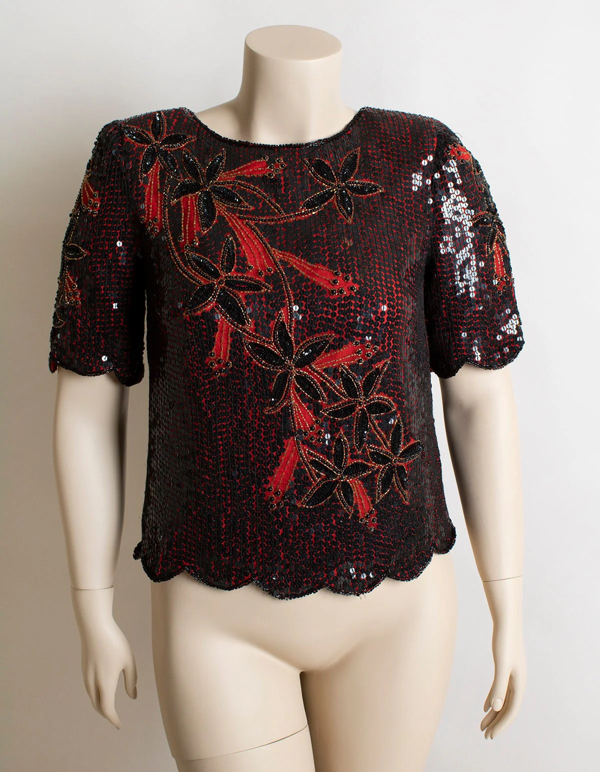 Vintage Sequin Blouse - Red and Black Floral Design Sequined Cocktail Party Silk Sparkly Beaded Flashy Top - Scala 80s 90s - Medium Large by Scala - Image 7