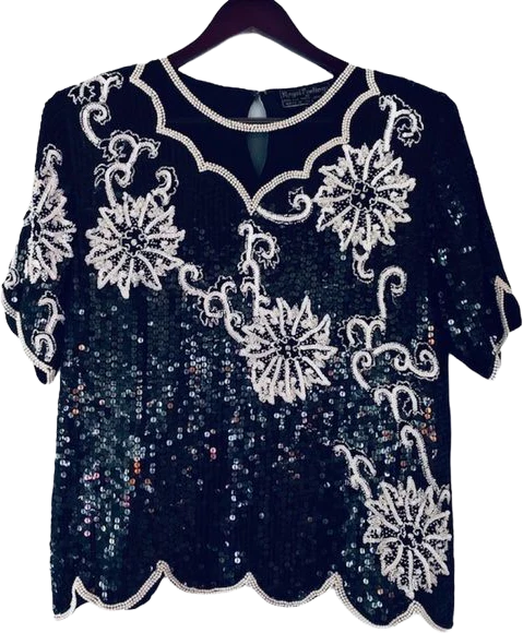 Vintage Sequined Bead Silk Top M Royal Feelings 80s Black White Going Out Party by Royal Feelings HE