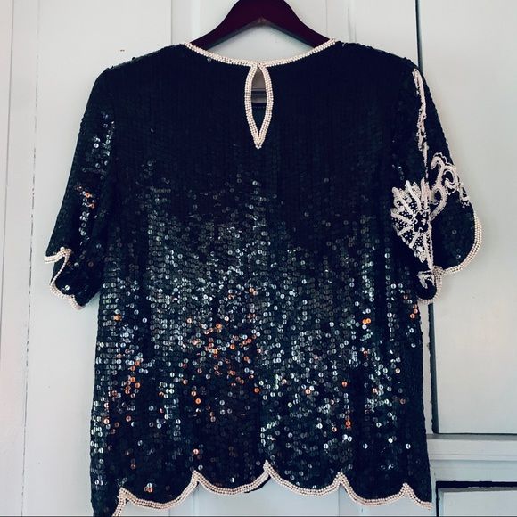 Vintage Sequined Bead Silk Top M Royal Feelings 80s Black White Going Out Party by Royal Feelings HE - Image 3