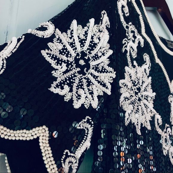Vintage Sequined Bead Silk Top M Royal Feelings 80s Black White Going Out Party by Royal Feelings HE - Image 7