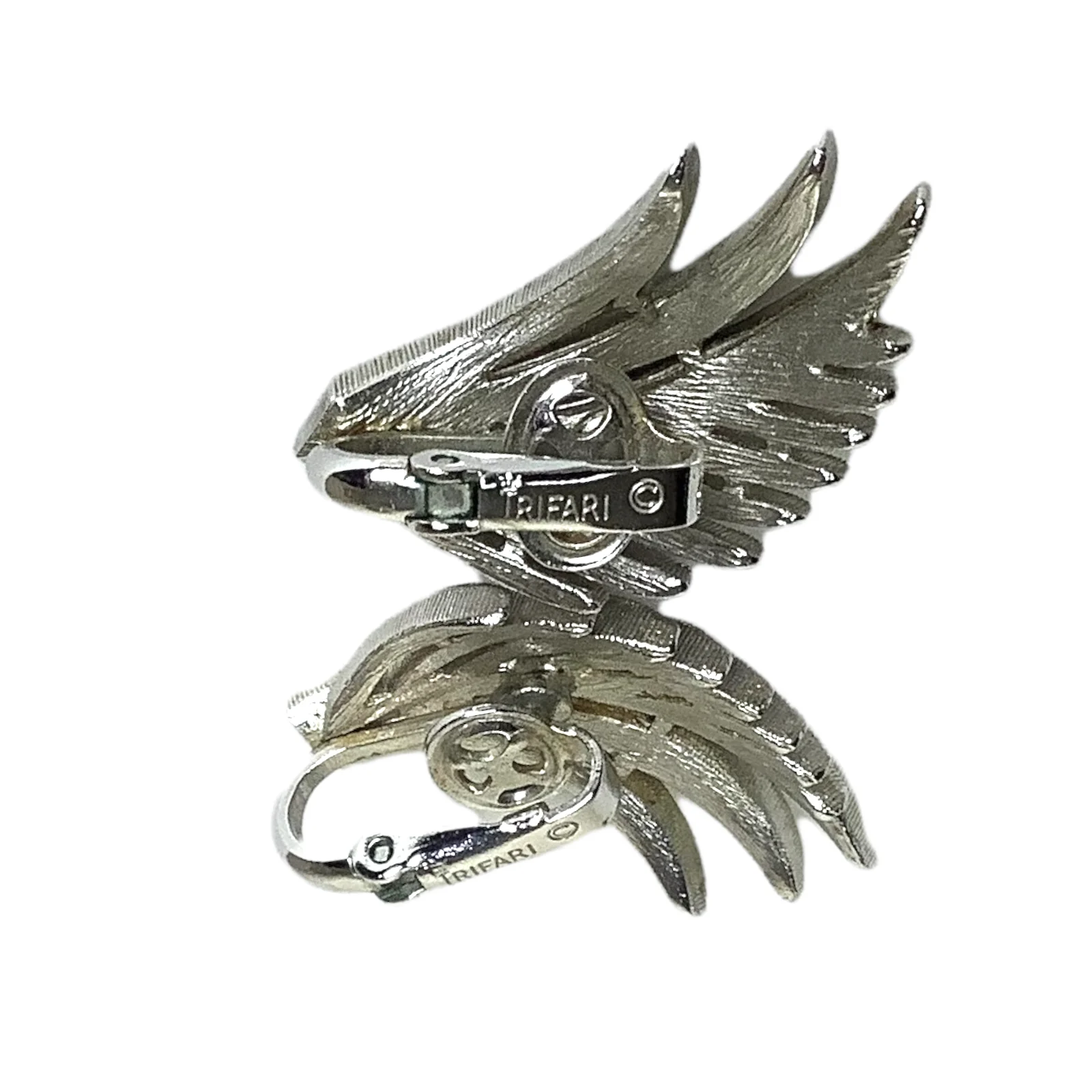 Vintage Set Clip Earrings Brooch Feather Silver Tone Crown Logo 50s 60s by Trifari - Image 5