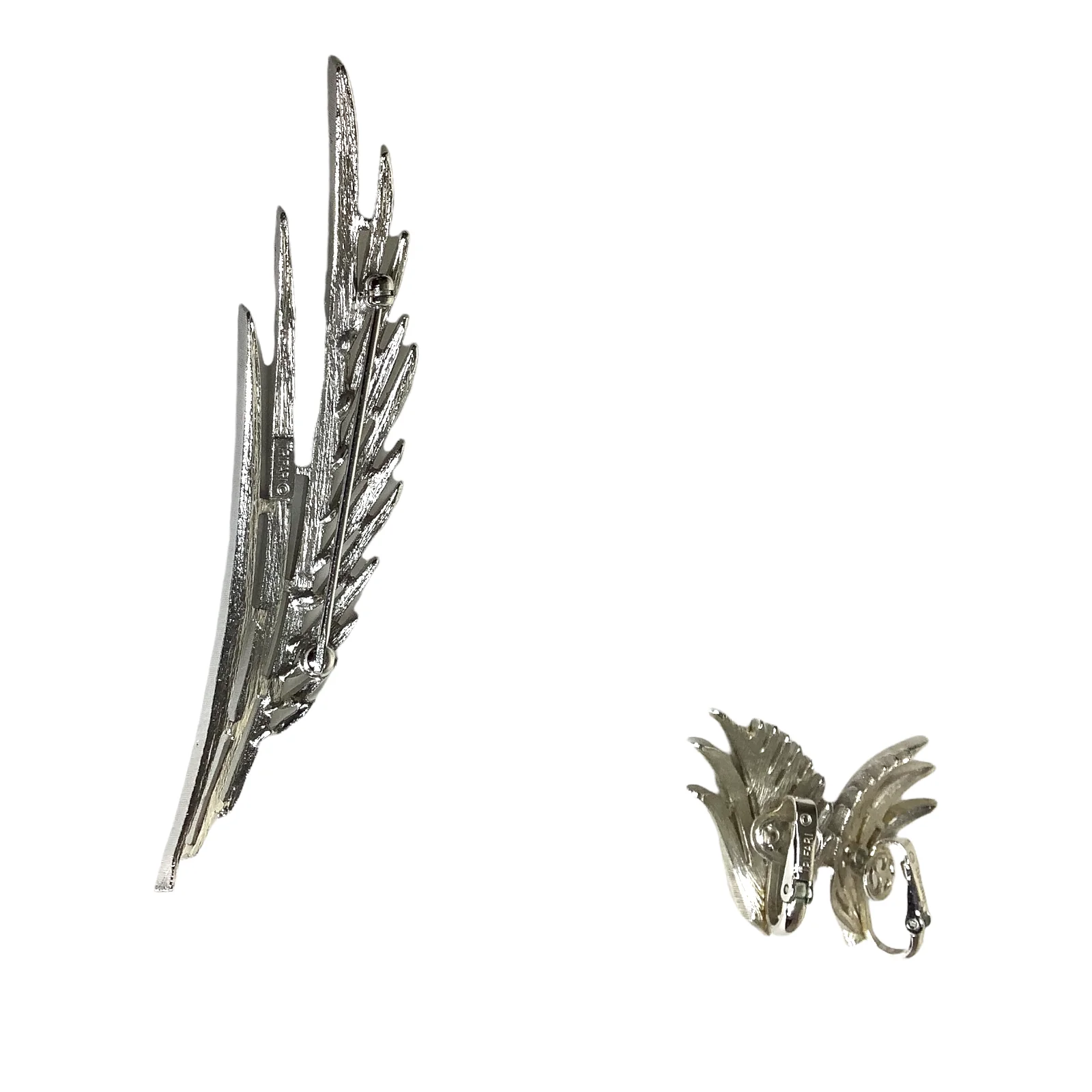 Vintage Set Clip Earrings Brooch Feather Silver Tone Crown Logo 50s 60s by Trifari - Image 7