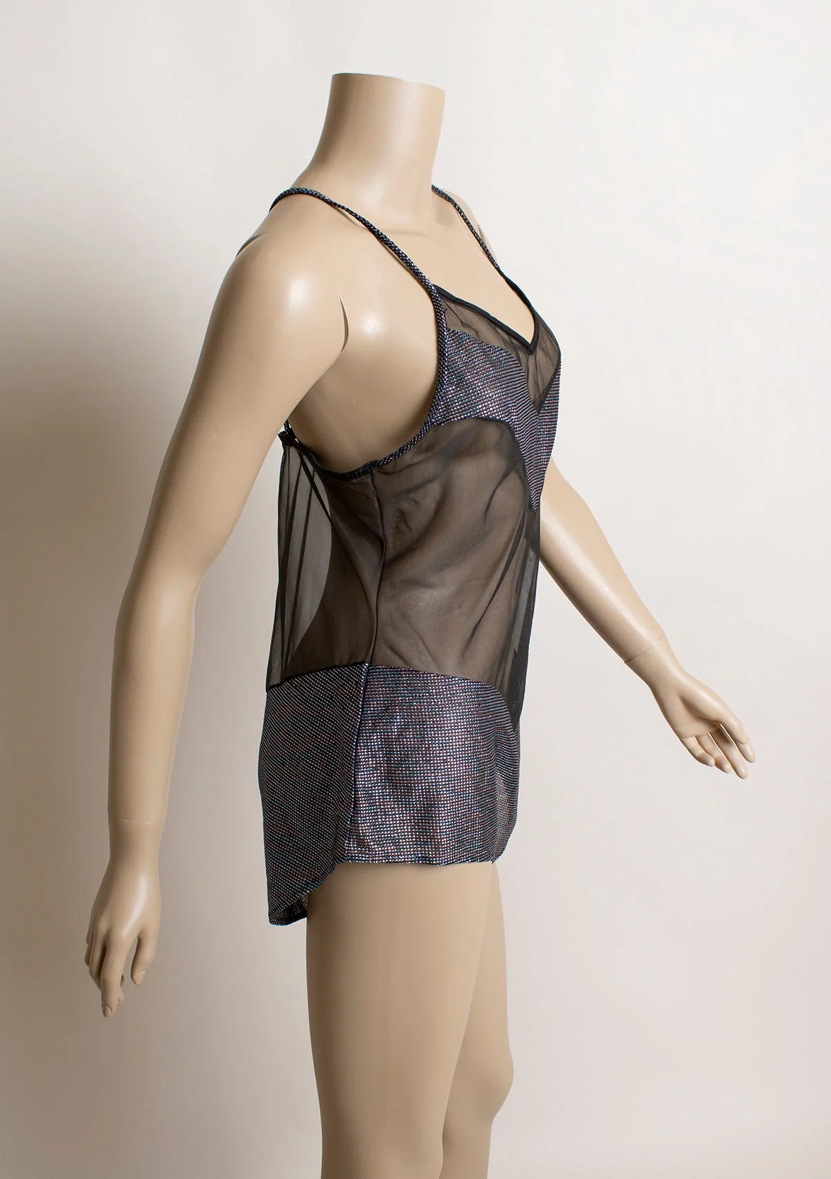 Vintage Sheer Bodysuit Silver Rainbow Lurex Sparkly See Through Chevron Sexy Black Teddy Style Club Rave 80s 90s Large - Image 3