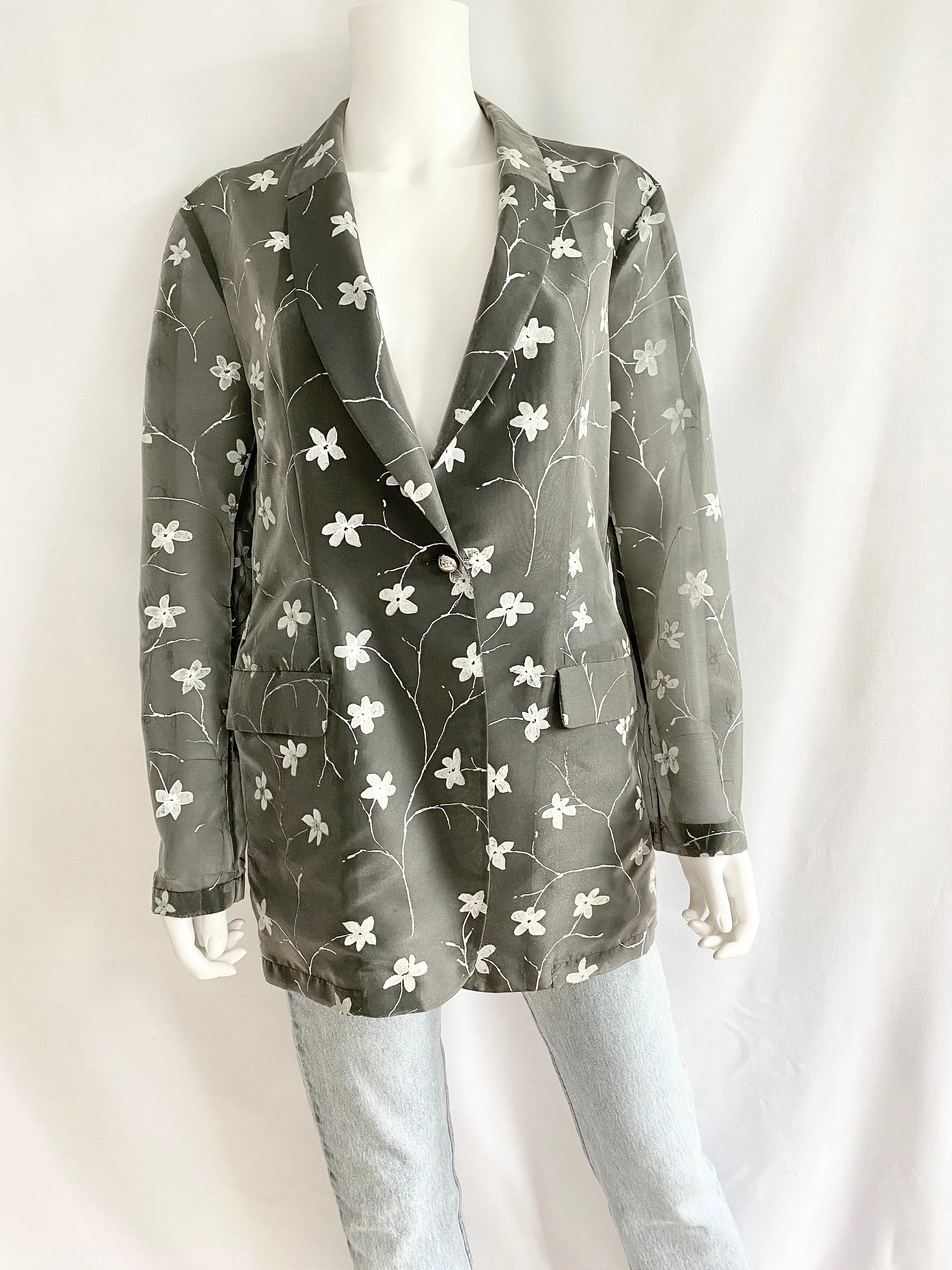 Vintage Sheer Gray Blazer with Metallic Floral Print by Emporio Armani - Image 3