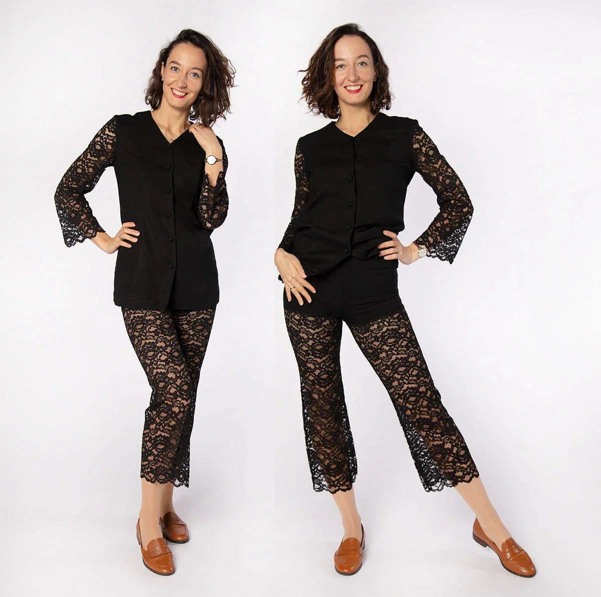 Vintage Sheer Lace Pants and Blazer Black Bootie Shorts with Lace Legs and Matching Bell Sleeve Button Up Jacket Suit - Image 3