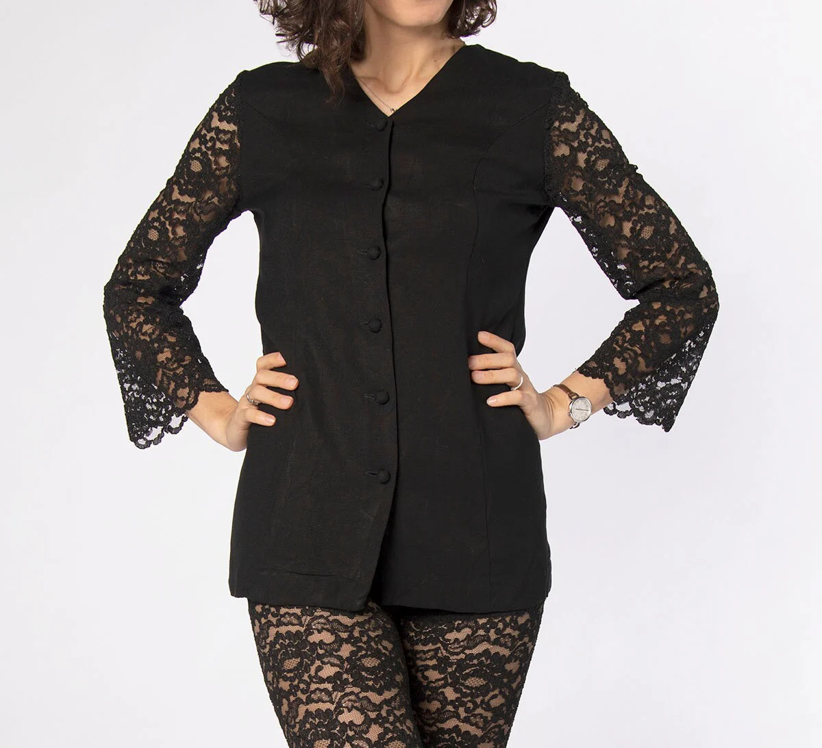 Vintage Sheer Lace Pants and Blazer Black Bootie Shorts with Lace Legs and Matching Bell Sleeve Button Up Jacket Suit - Image 9