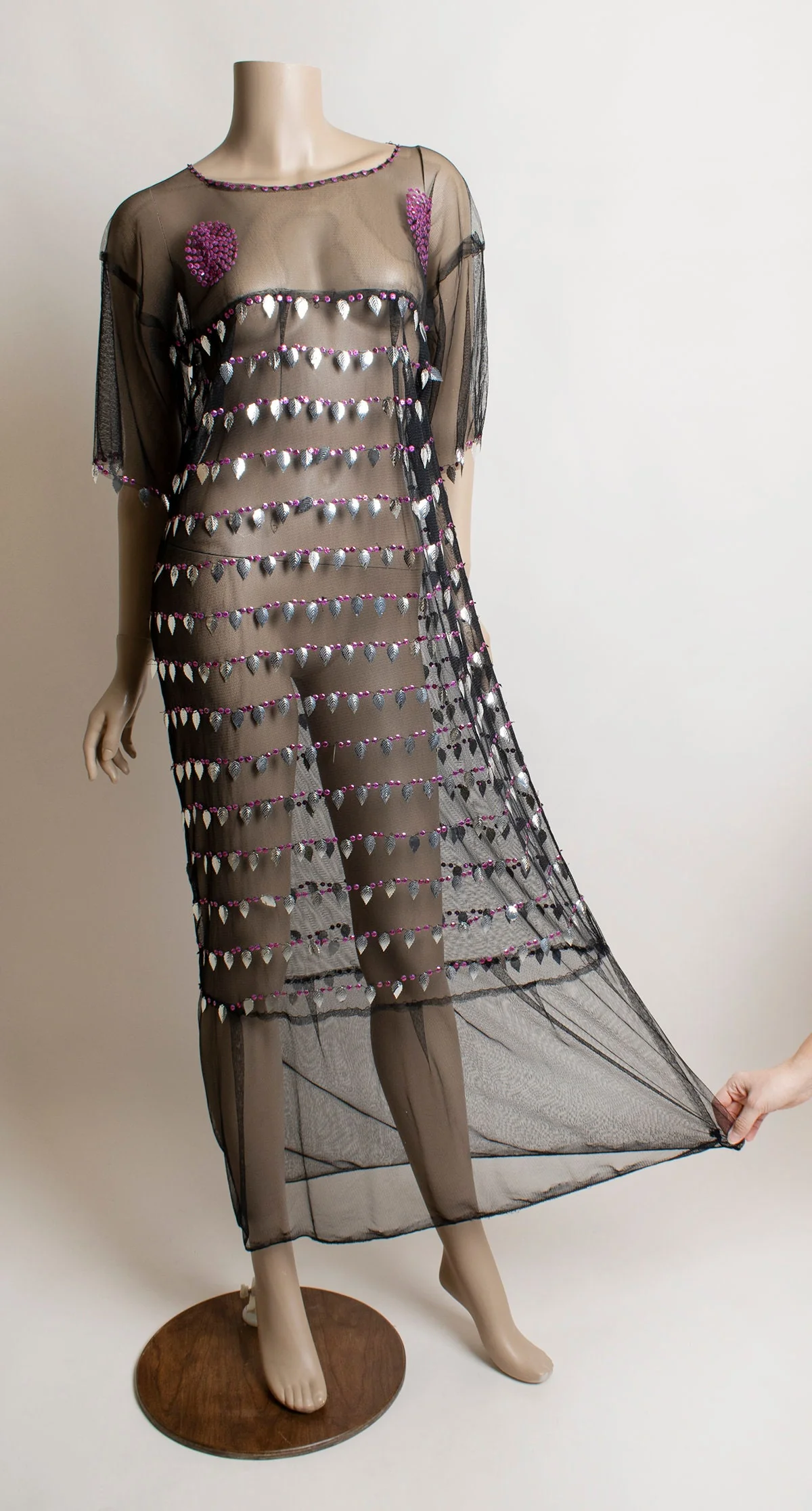 Vintage Sheer Net Sequin Pink and Silver Leaf Sequined Party Dress 20s Style 60s Striped Circles Leaves Overlay - Image 5
